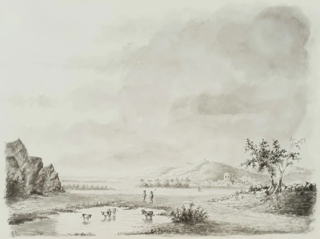 Unknown (19th century), Goat herders in a hilly landscape, brush drawing