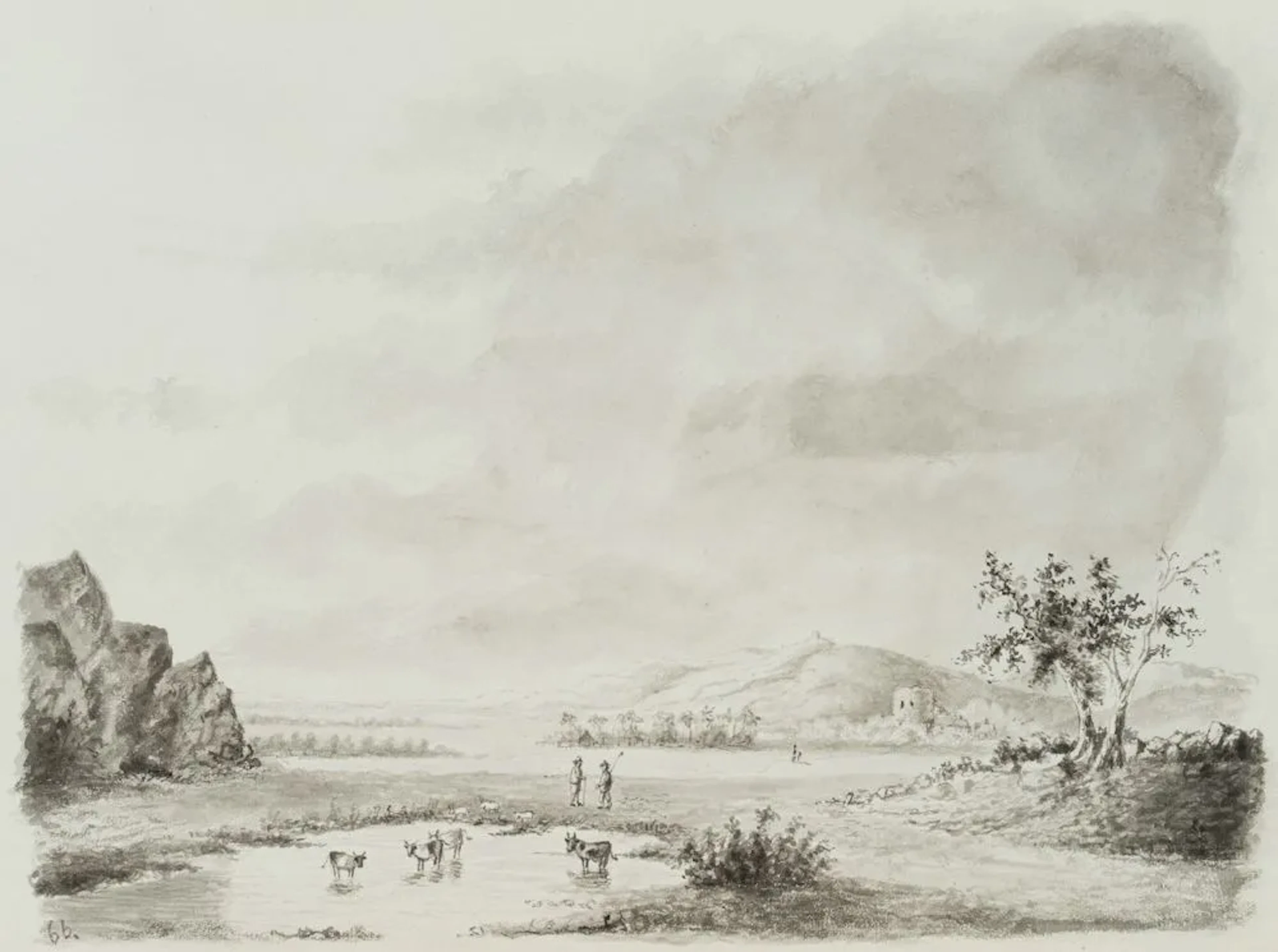 Unknown (19th century), Goat herders in a hilly landscape, brush drawing