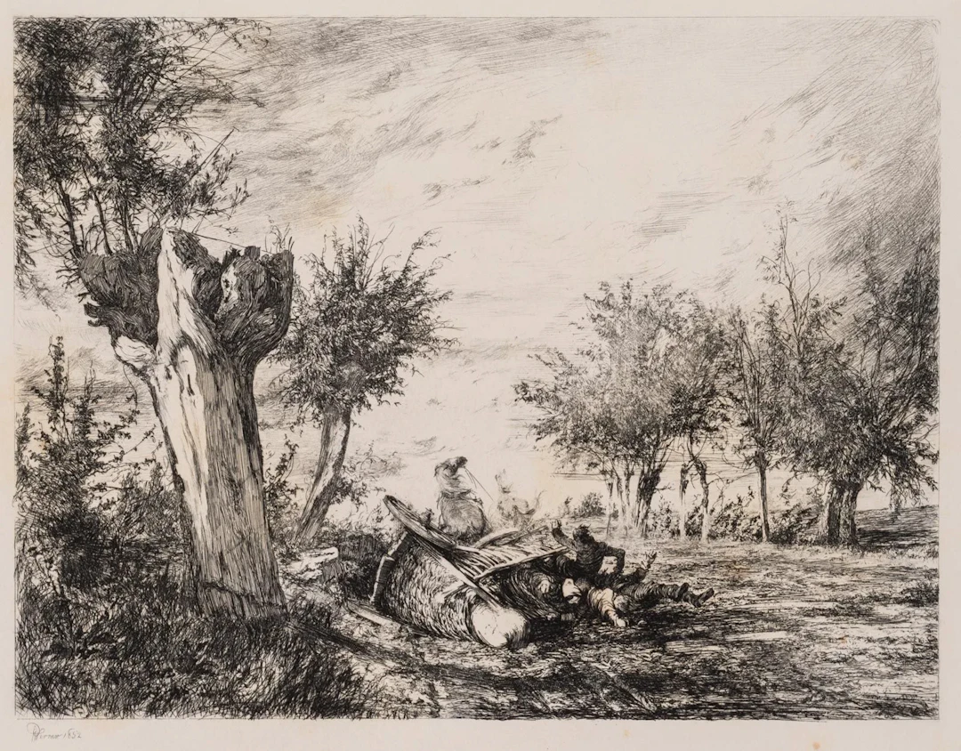 WERNER (19th), Overturned Handcart, Accident, 1852, Etching Werner