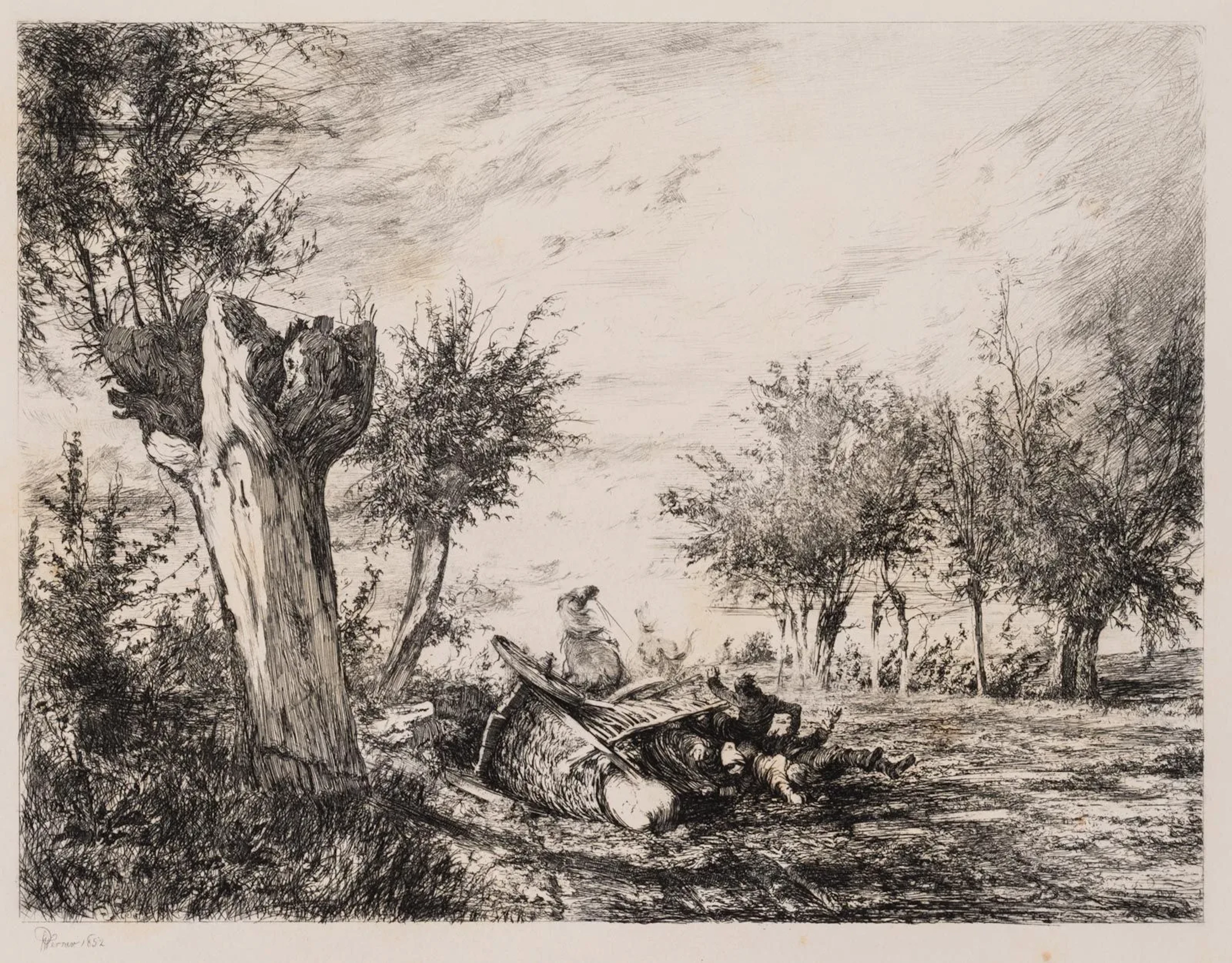 WERNER (19th), Overturned Handcart, Accident, 1852, Etching Werner