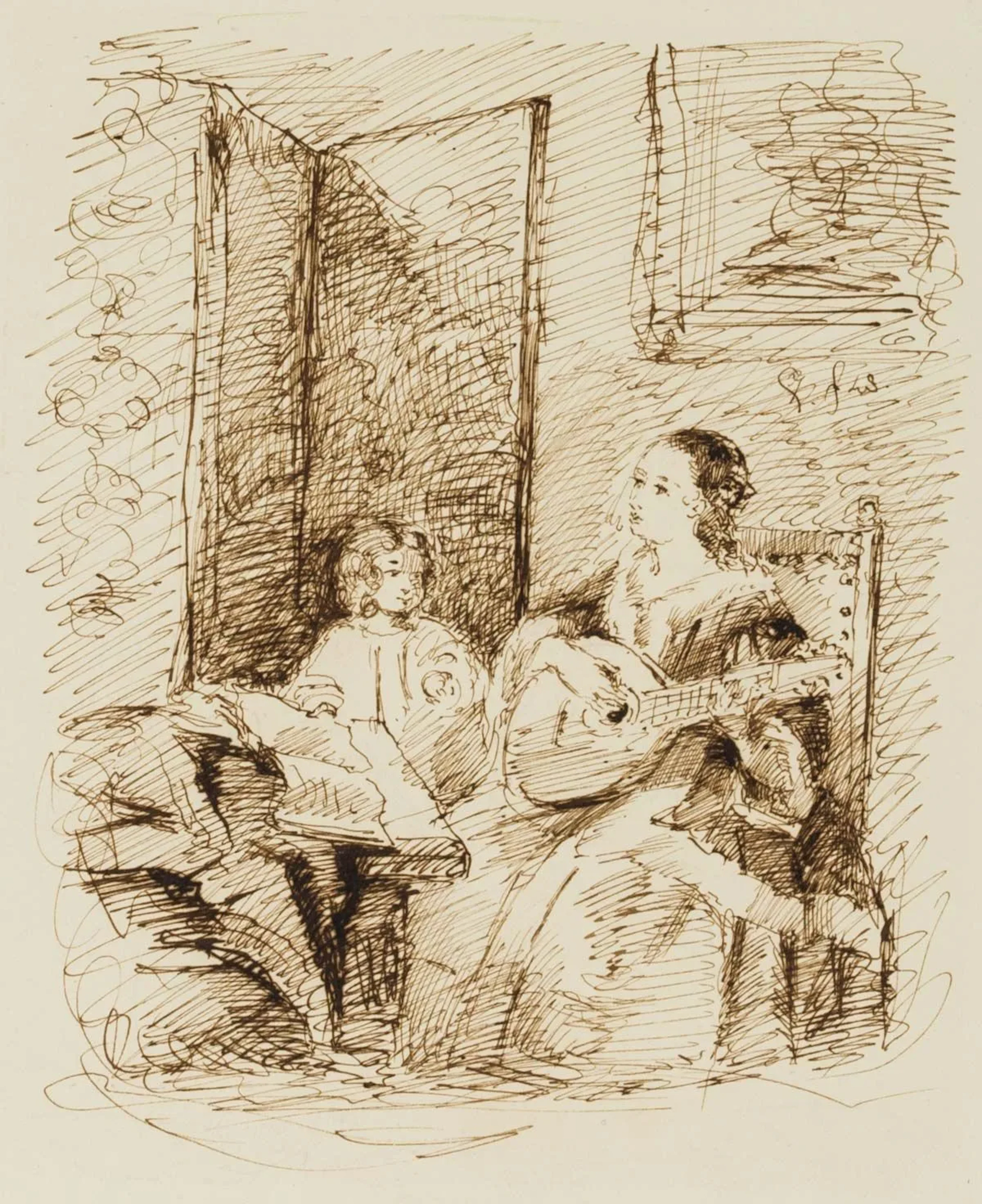 Unknown (20th), In the music room, 1943, Indian ink Unknown (20th