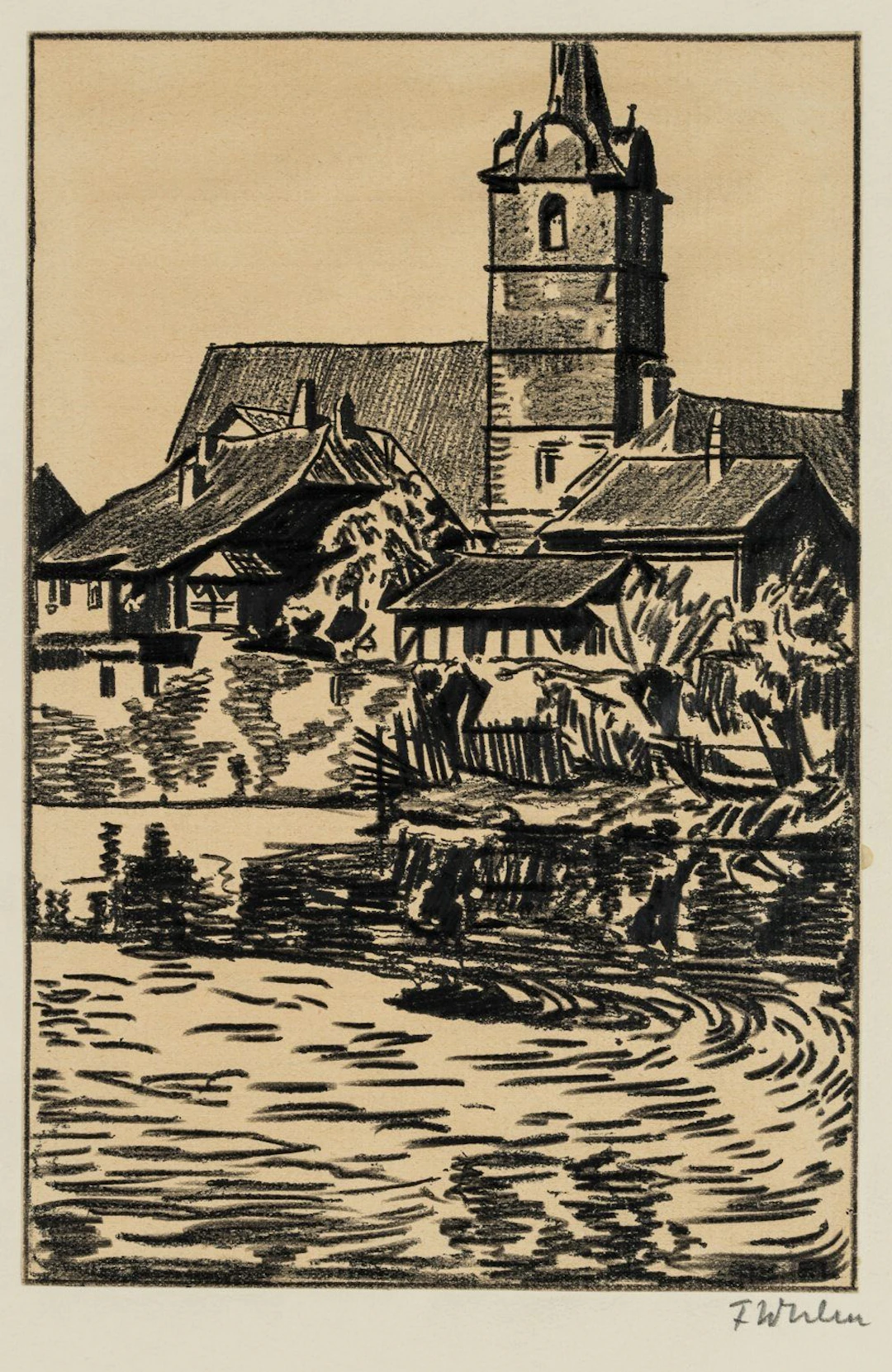 F. WULM (20th), Village Church by the Pond, Screen printing F. Wulm