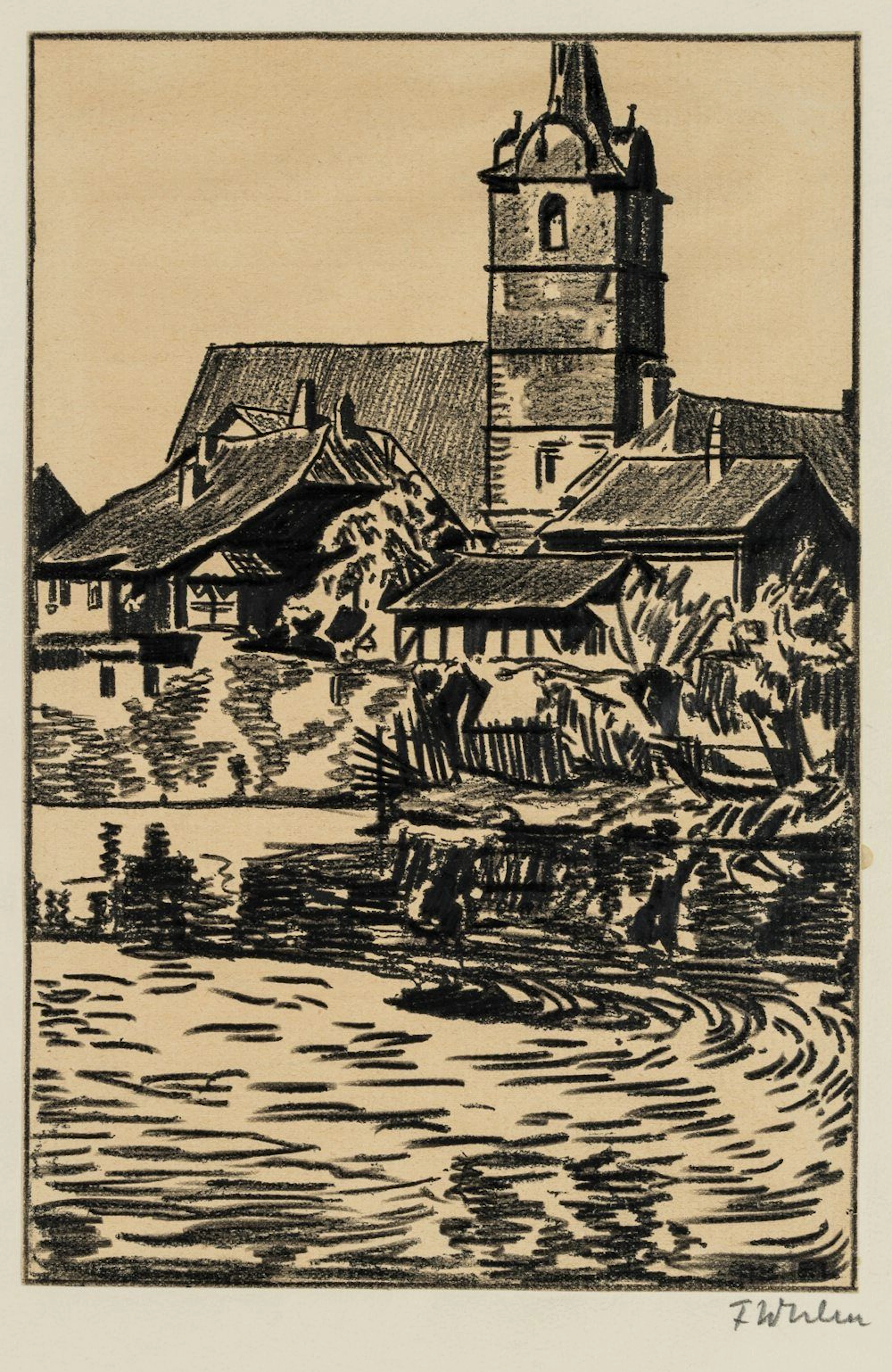 F. WULM (20th), Village Church by the Pond, Screen printing F. Wulm