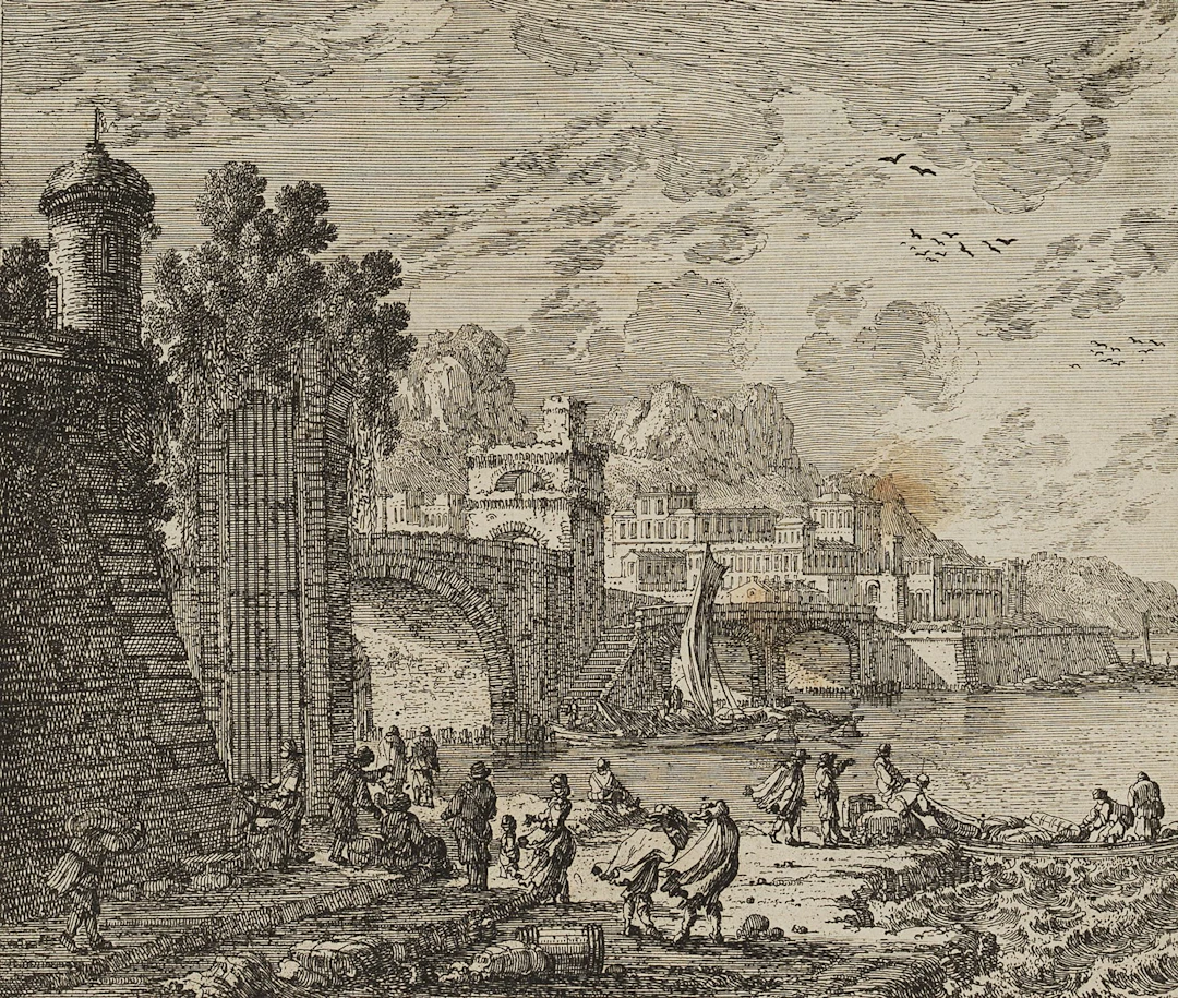 A. PERELLE (1640–1695), Coastline with a Town, Ruins, and Figures