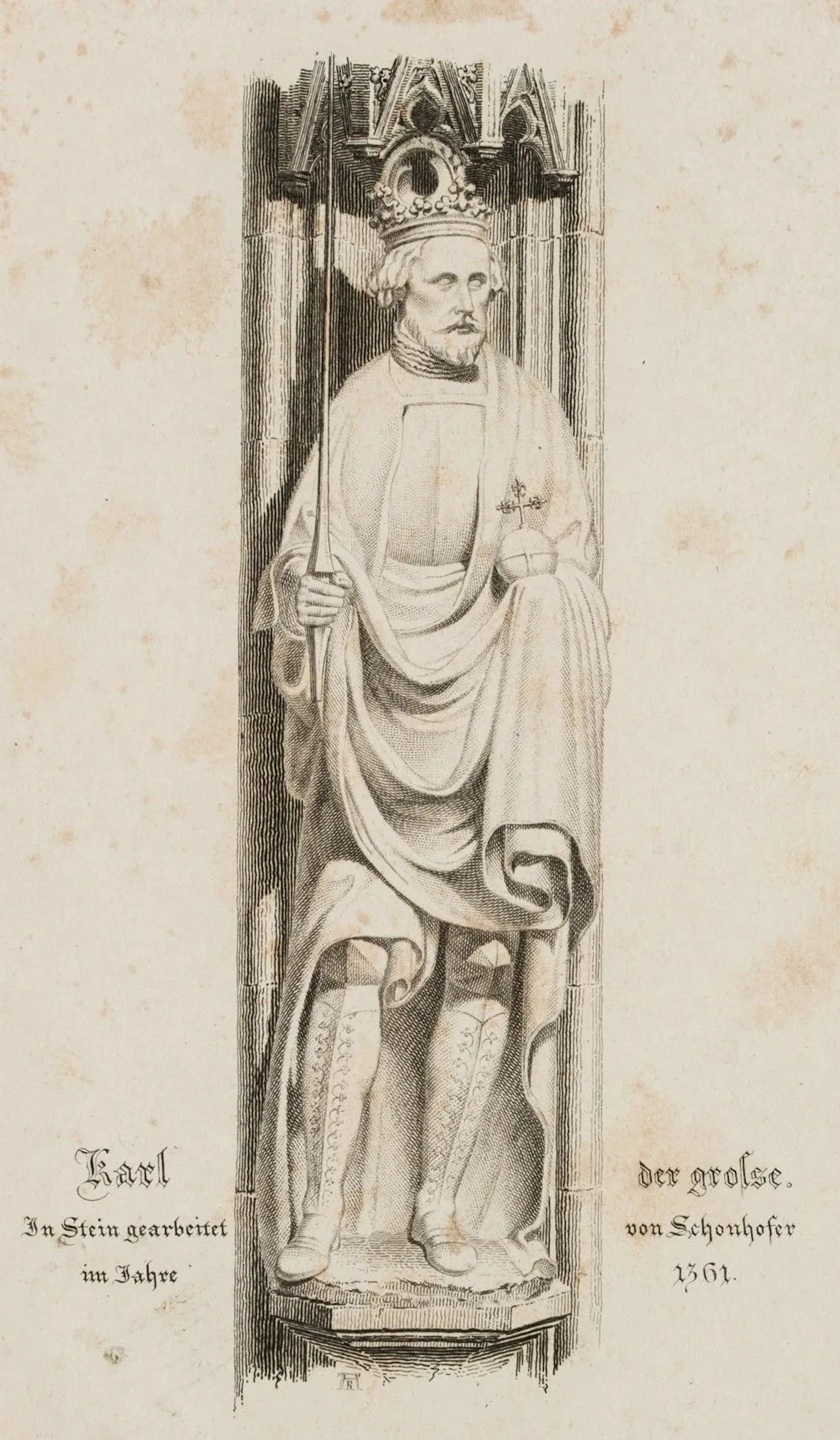 A. REINDEL (1784-1853), Charlemagne, fountain in Nuremberg, Etching