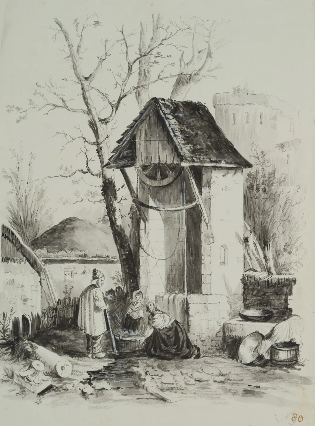 K. HOOG (19th century), Villagers by the Well, 1841, brush drawing
