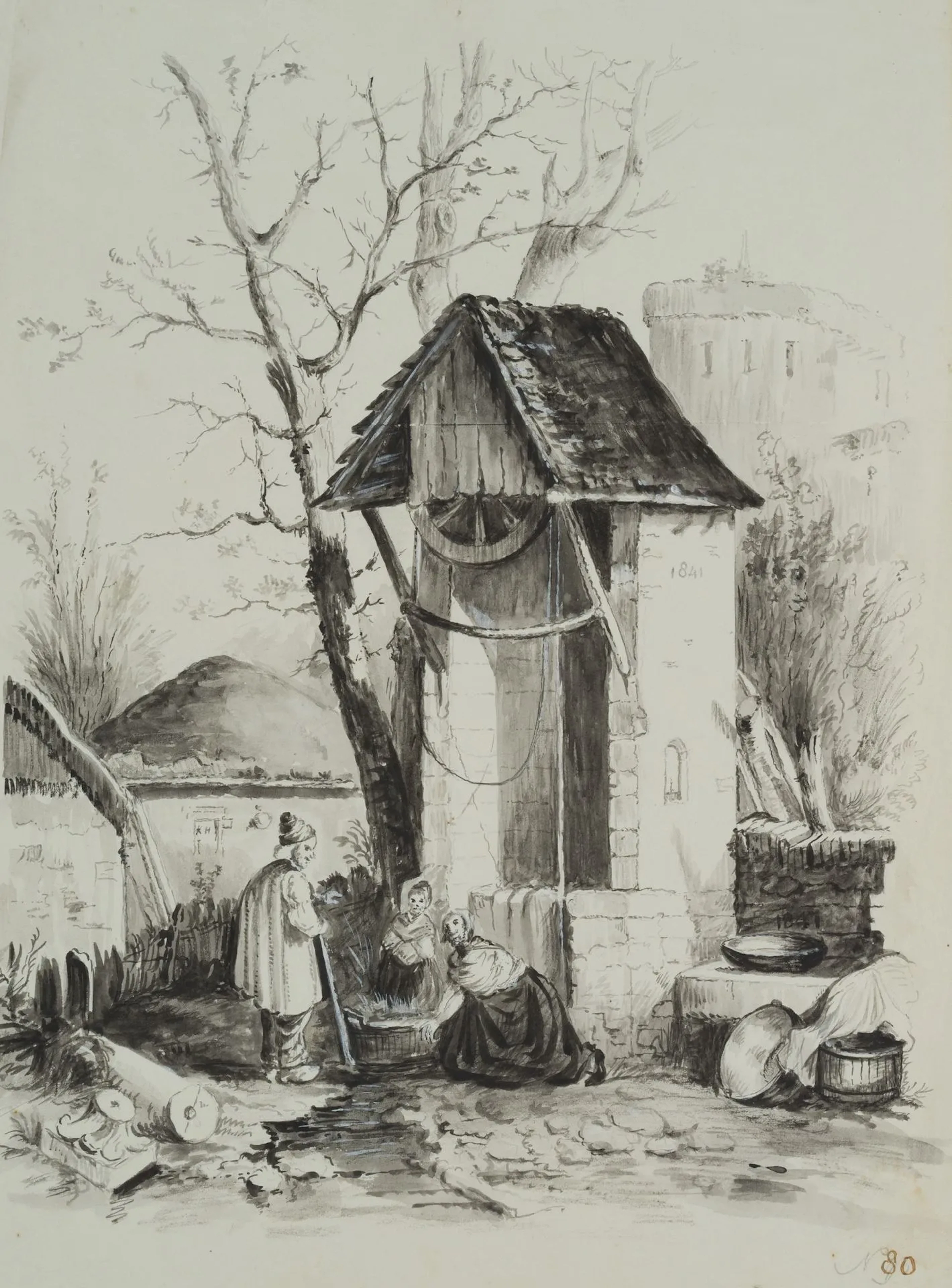 K. HOOG (19th century), Villagers by the Well, 1841, brush drawing