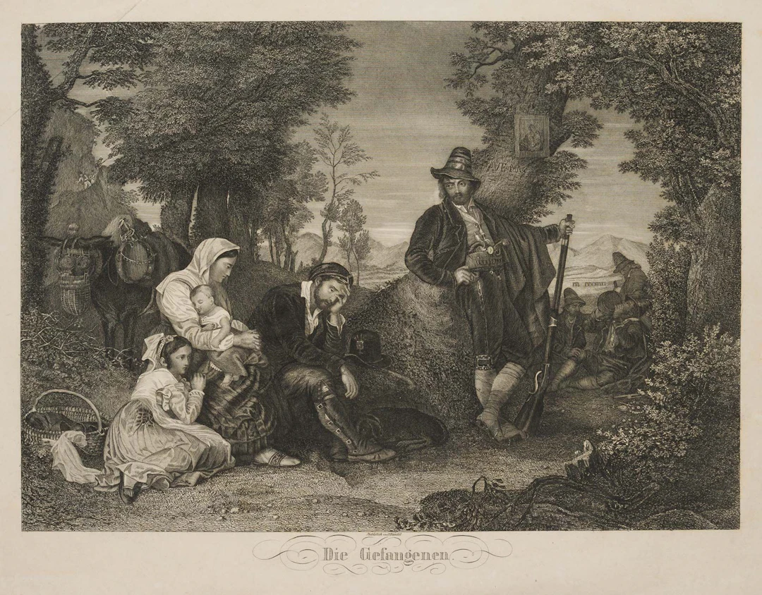 F. RANDEL (19th), The Prisoners, Family with Bandits, Steel engraving