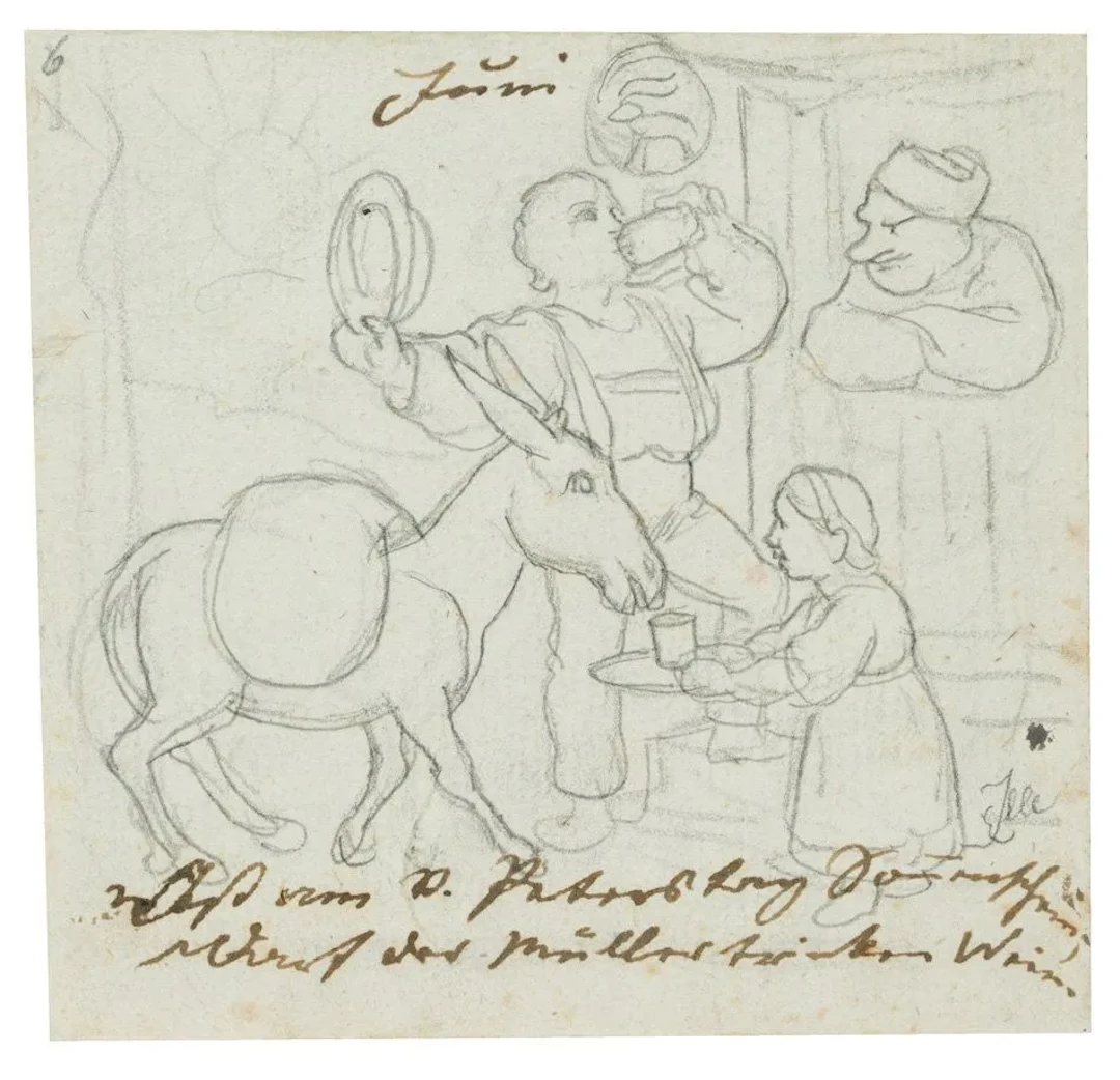 E. ILLE (1823–1900), Satire: A Donkey and a Miller Take a Break at