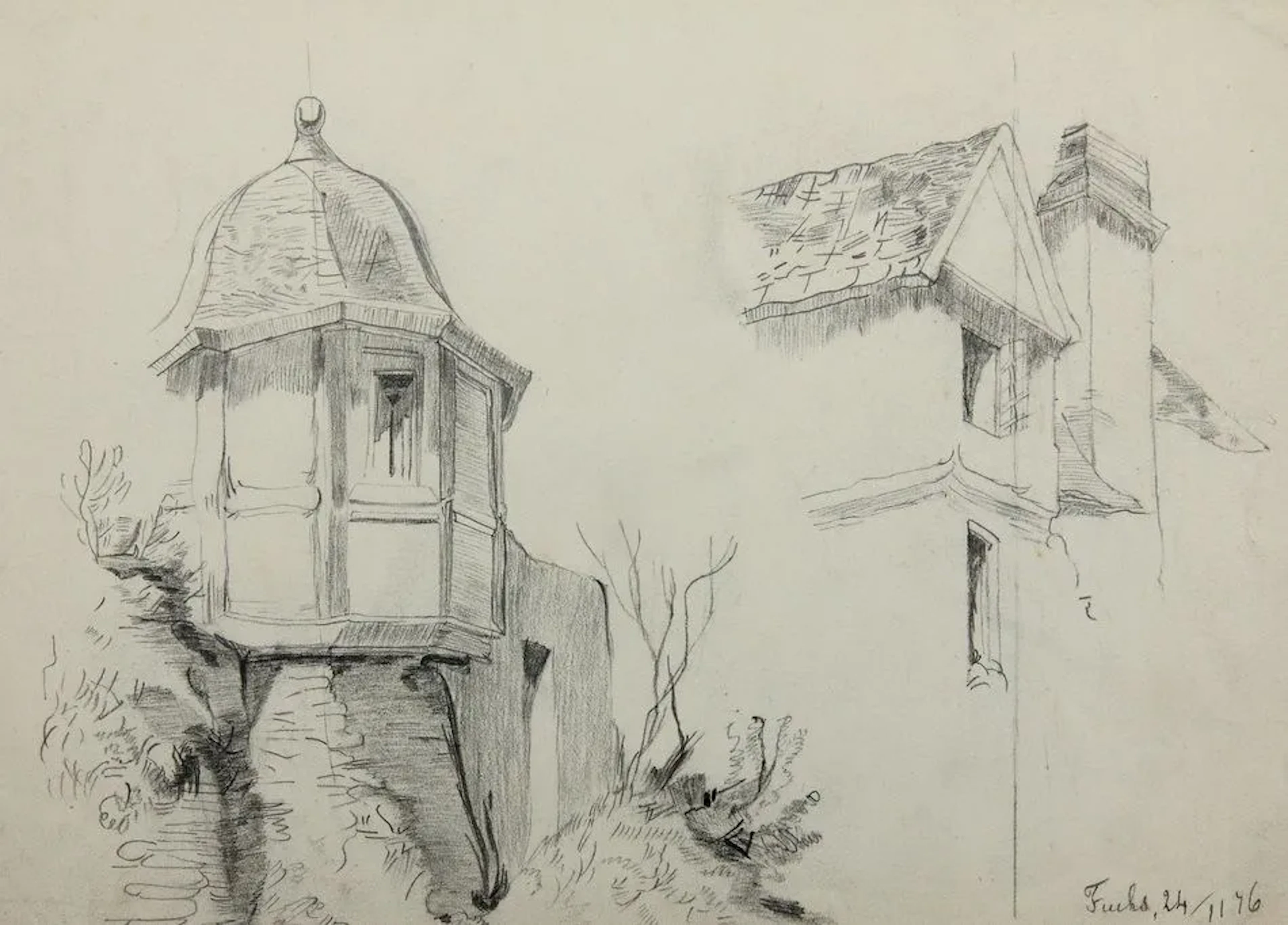 A. FUCHS (19th), Architectural Studies, Turmerker, 1876, Pencil A.