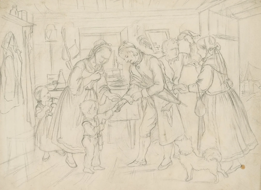 G. MÜLLER (1827-1922), The visit, Pencil Gustav Otto Müller (1827