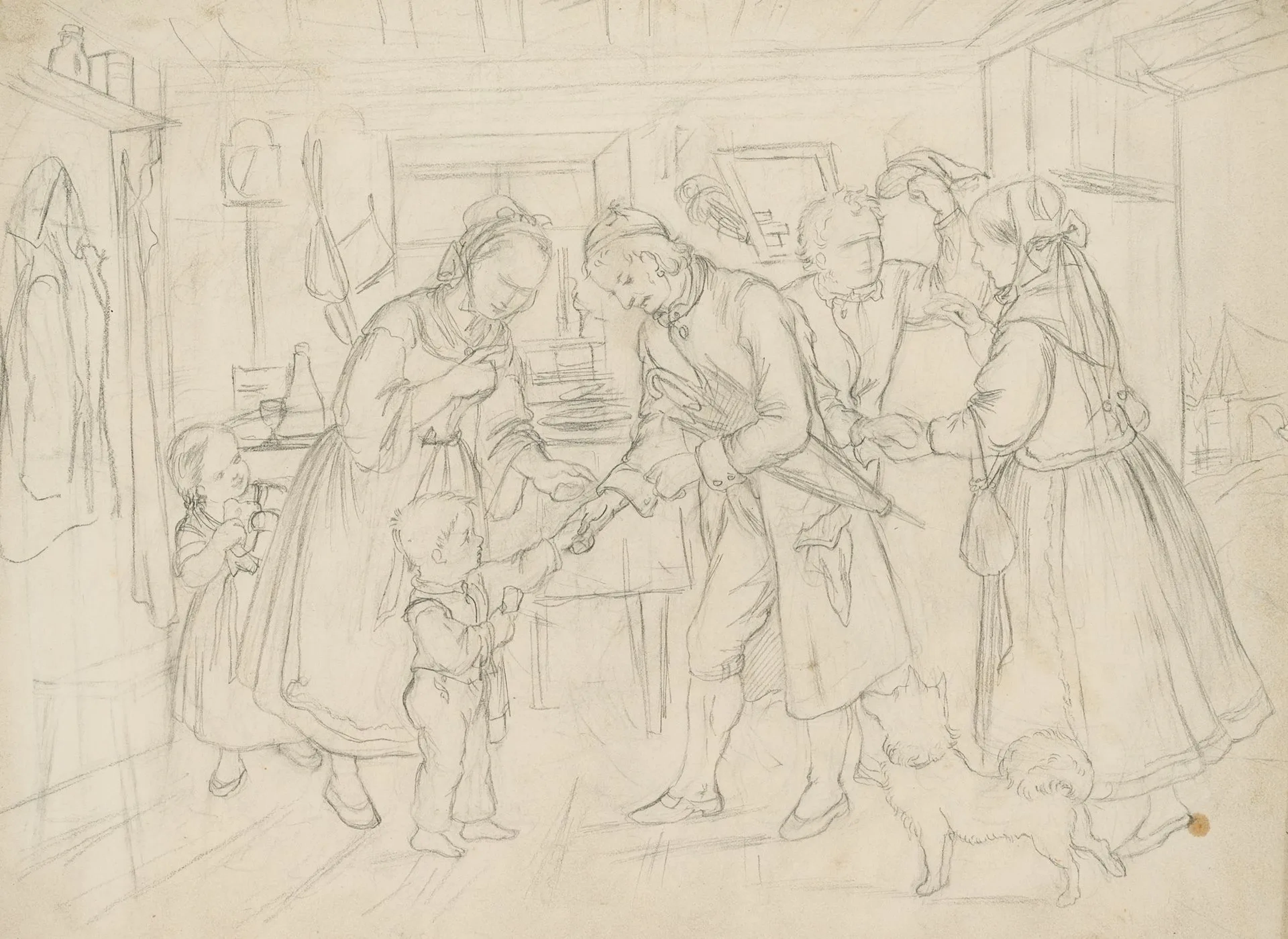 G. MÜLLER (1827-1922), The visit, Pencil Gustav Otto Müller (1827