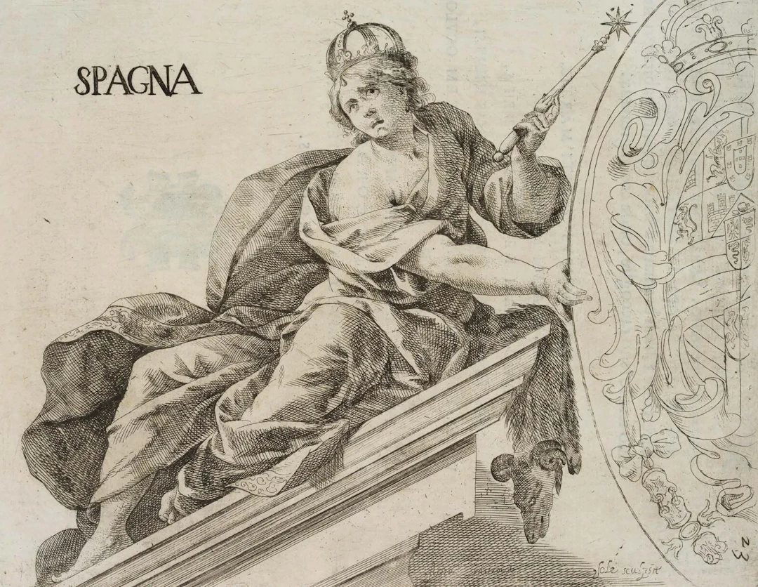 G. SOLE (1649–1719), Spain, an allegory of Spain, ca. 1645, etching