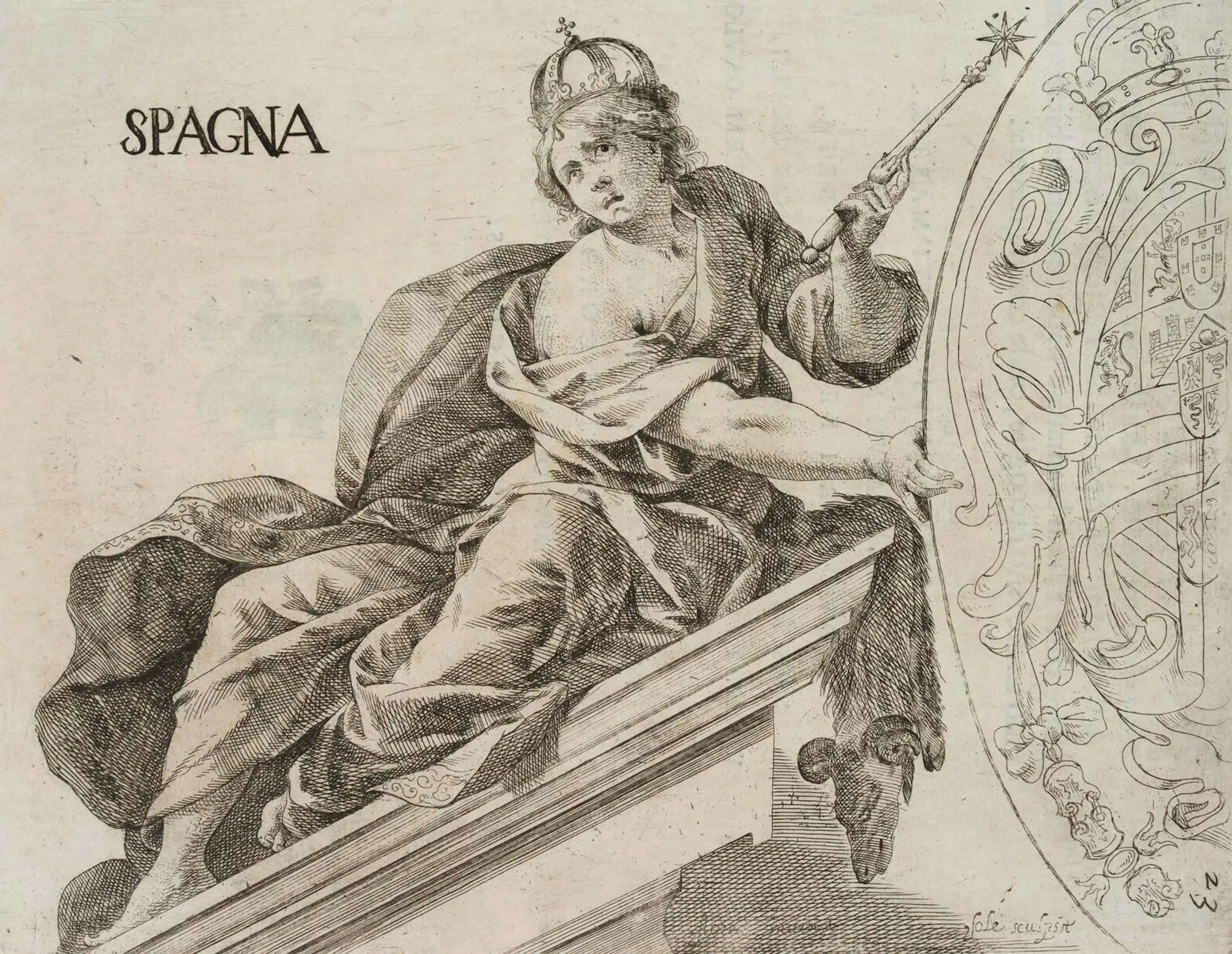 G. SOLE (1649–1719), Spain, an allegory of Spain, ca. 1645, etching