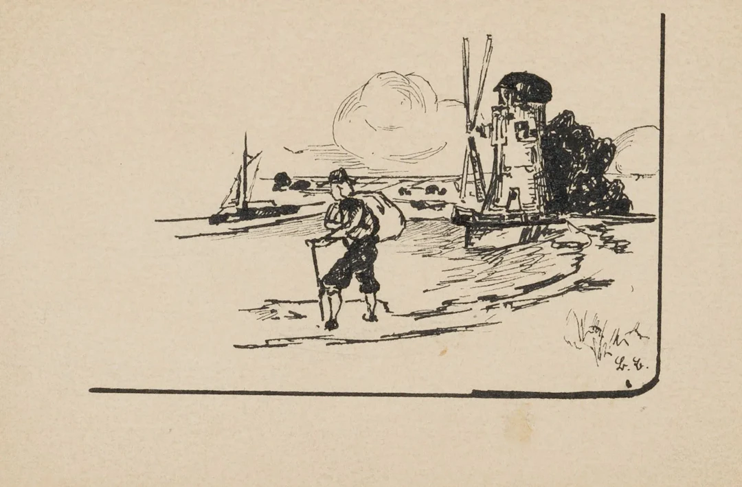 B. BURGER (1892–1968), Walkers by the Seashore, pen drawing Bruno