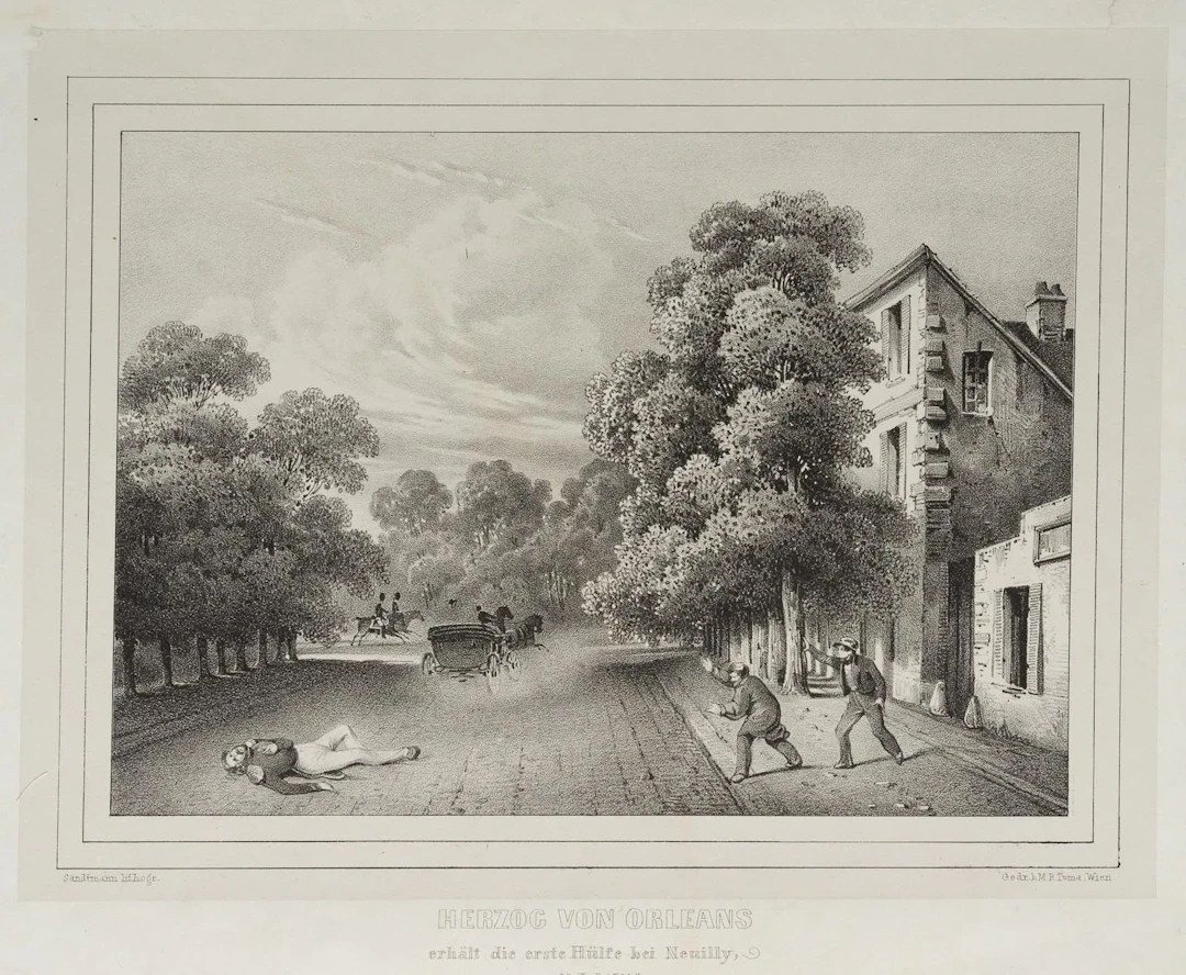 SANDTMANN (19th), The Duke of Orléans Receives Assistance, 1842, Lithograph
