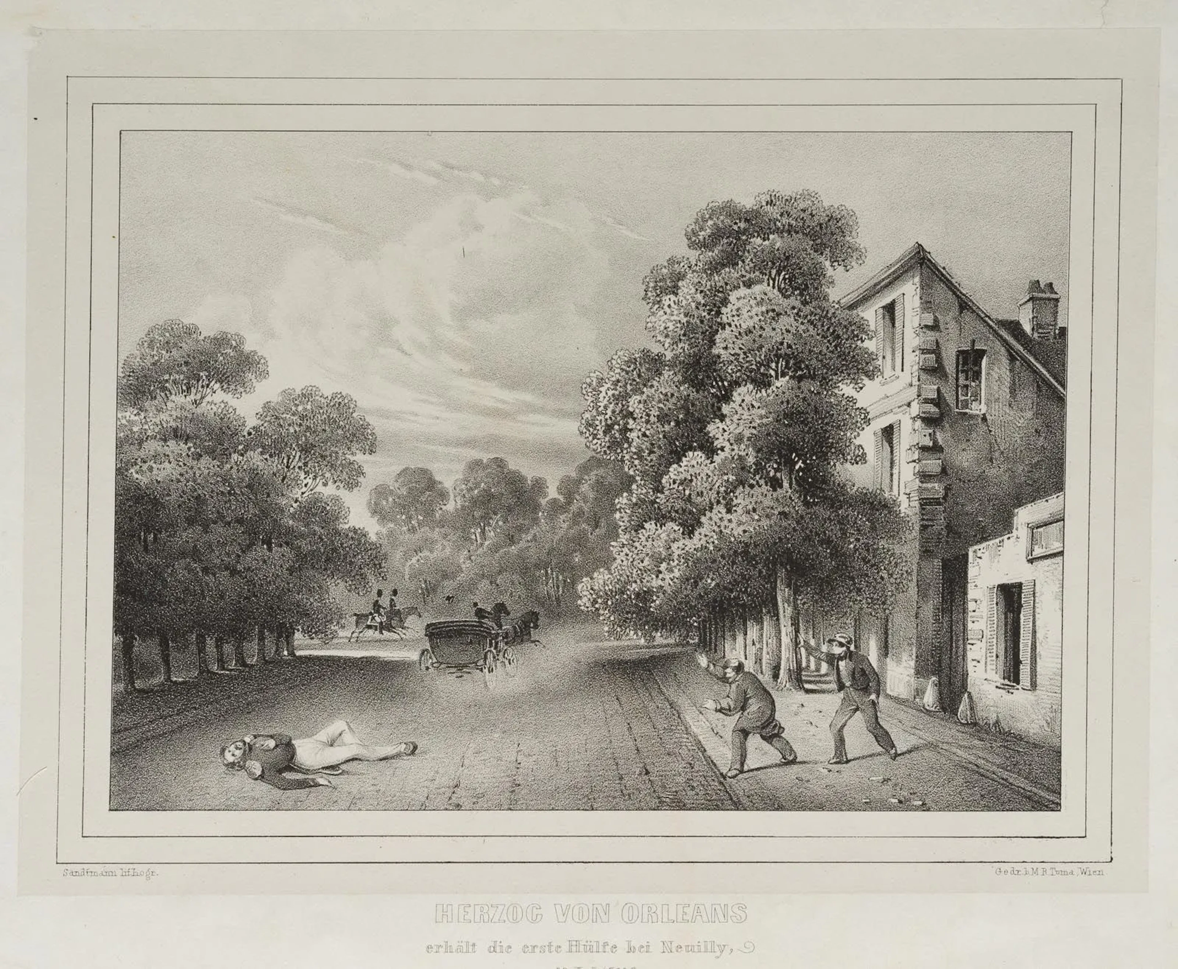 SANDTMANN (19th), The Duke of Orléans Receives Assistance, 1842, Lithograph