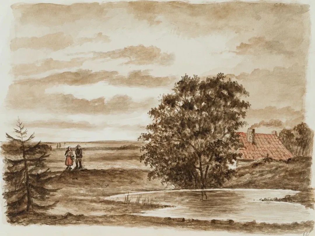 Unknown (19th century), A Farming Couple by the Pond, Watercolor Unknown