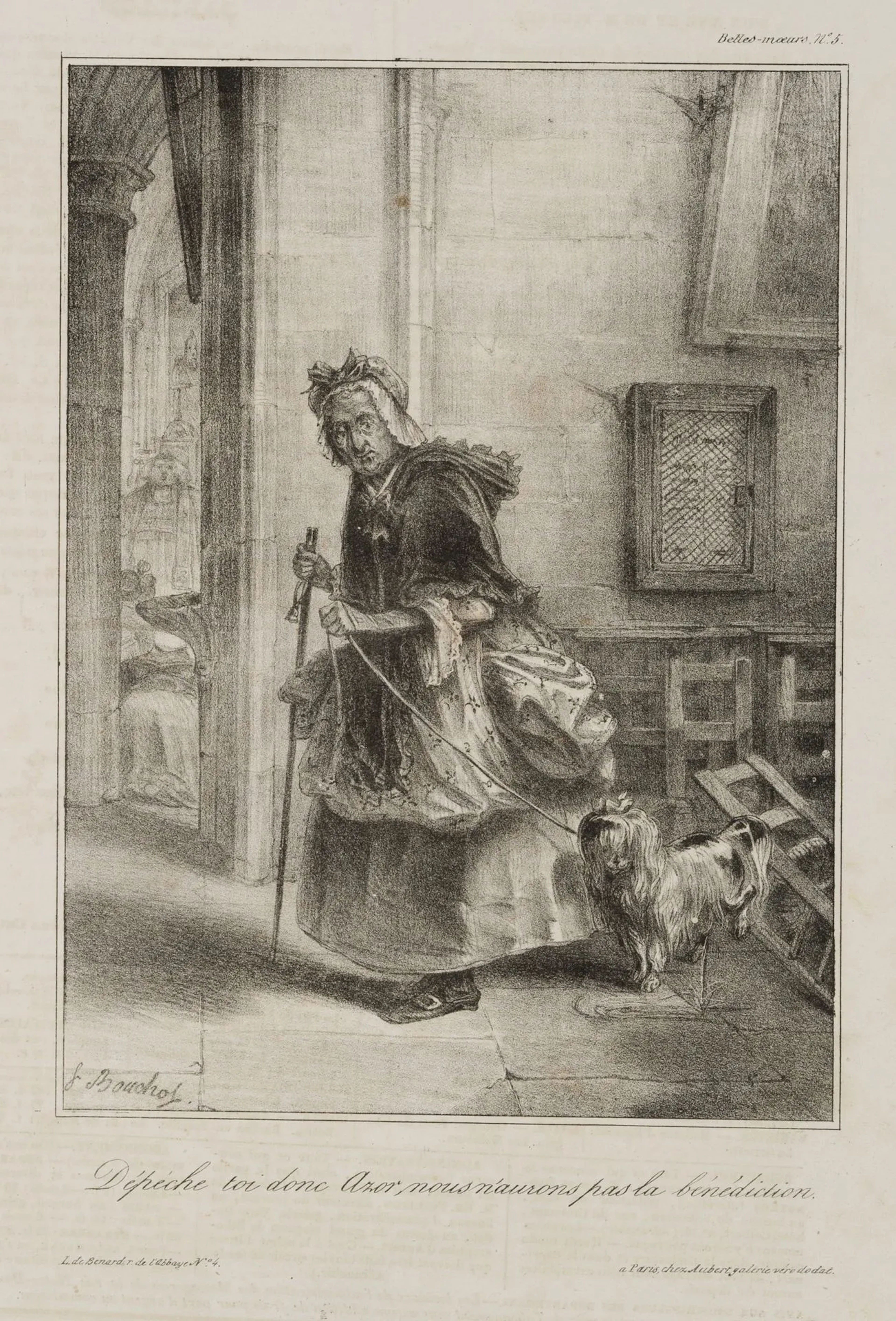 F. BOUCHOT (1798–1860), Caricature: Old Woman with a Dog, Lithograph
