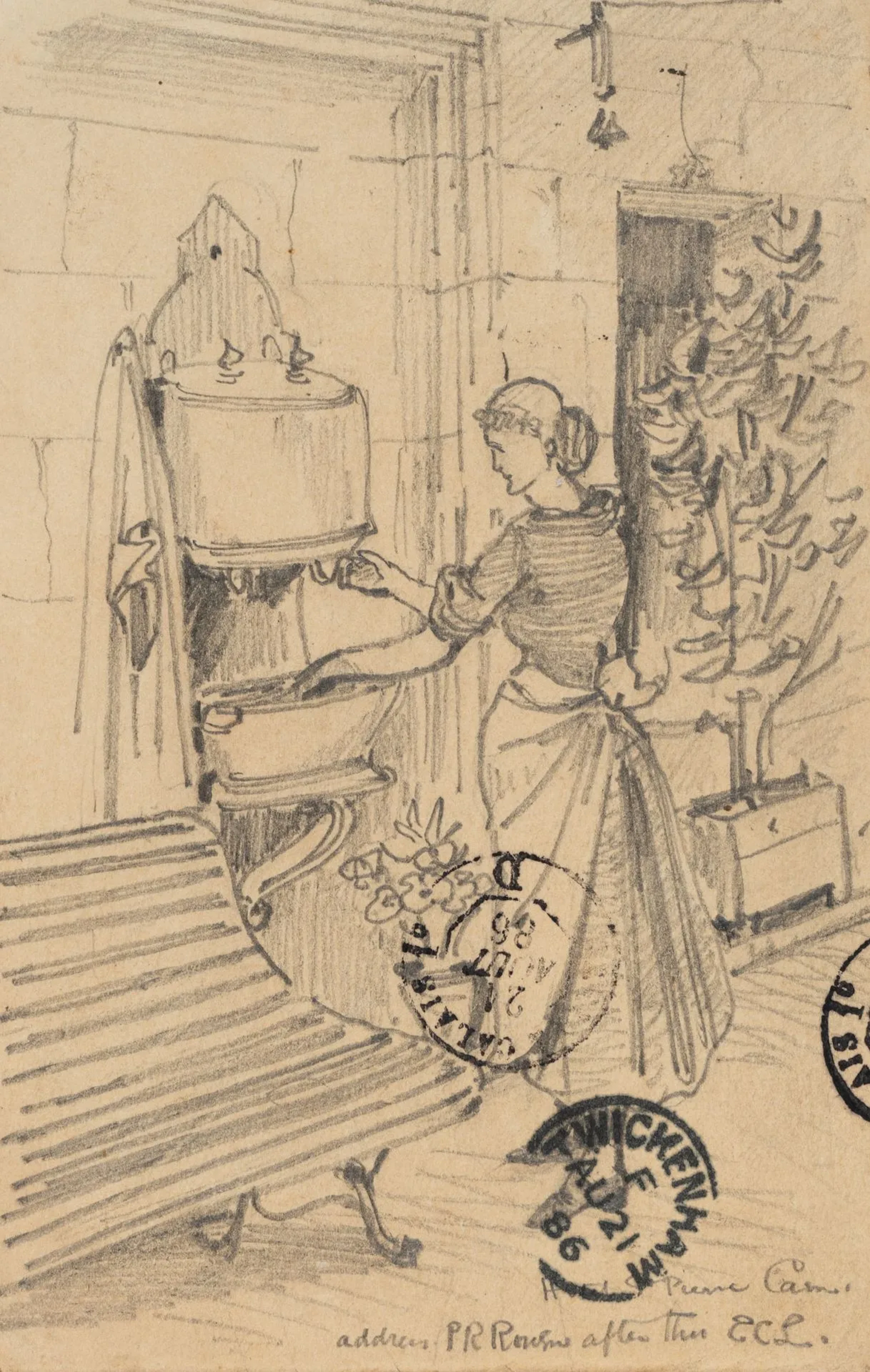 E. LEE (19th), Housewife at the Well, 1886, Pencil E. C. Lee (19th