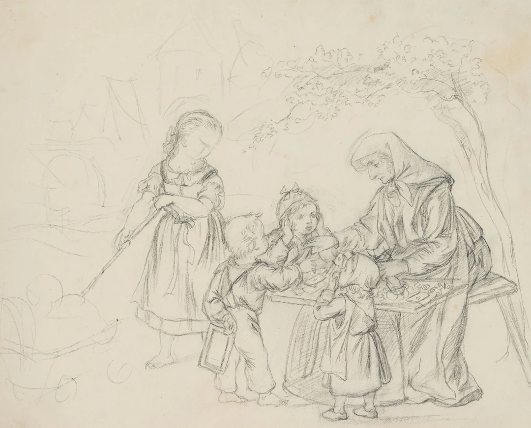 G. MÜLLER (1827–1922), The Shopkeeper and Her Children, Pencil Gustav