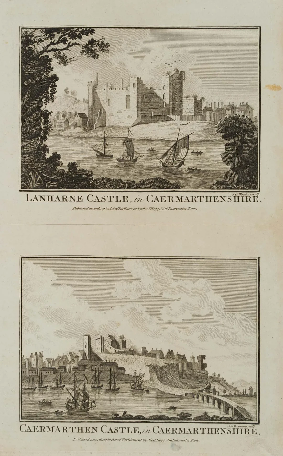 J. WOODING (1788-1790), Lanharne Castle, Caermarthenshire, Etching