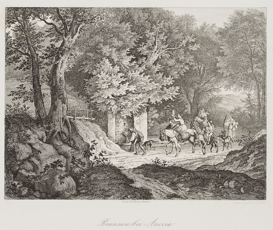 L. RICHTER (1803–1884), Fountain near Ariccia, 1875, Etching Ludwig