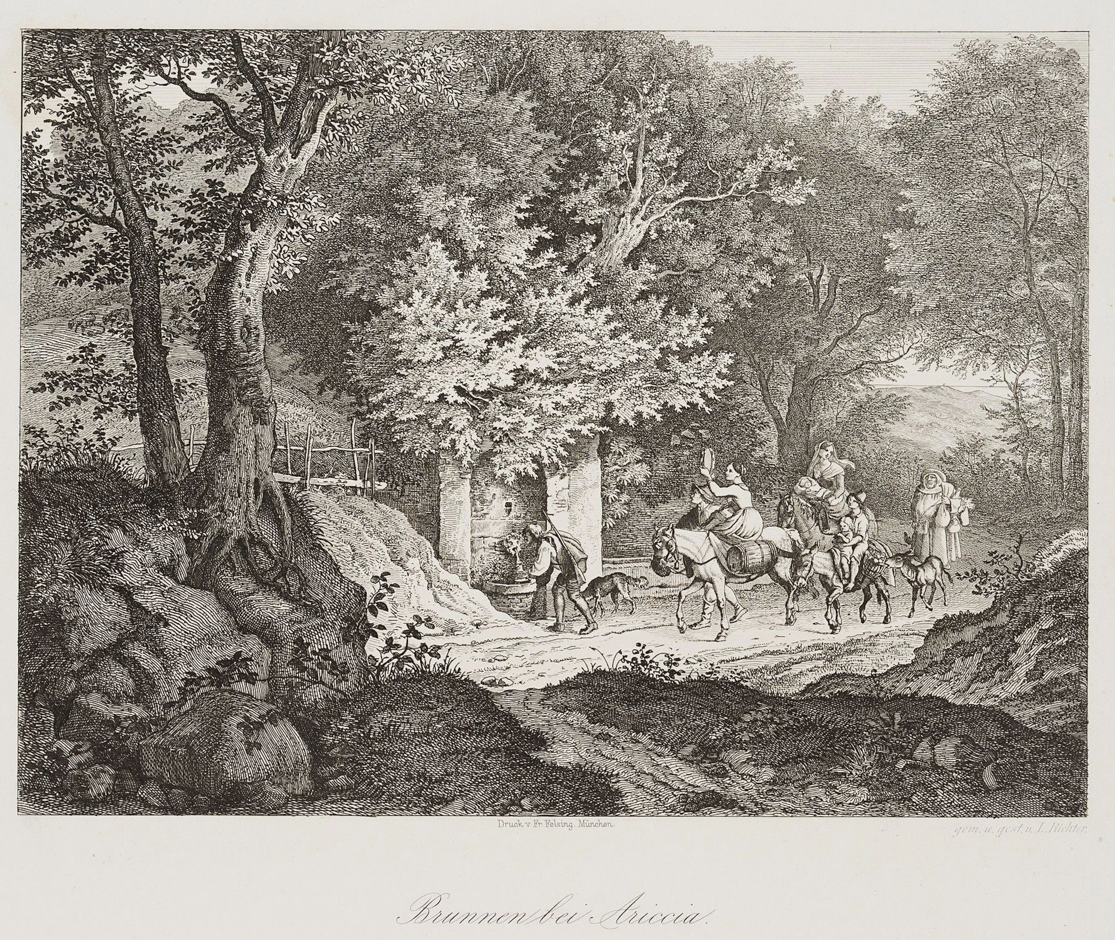 L. RICHTER (1803–1884), Fountain near Ariccia, 1875, Etching Ludwig
