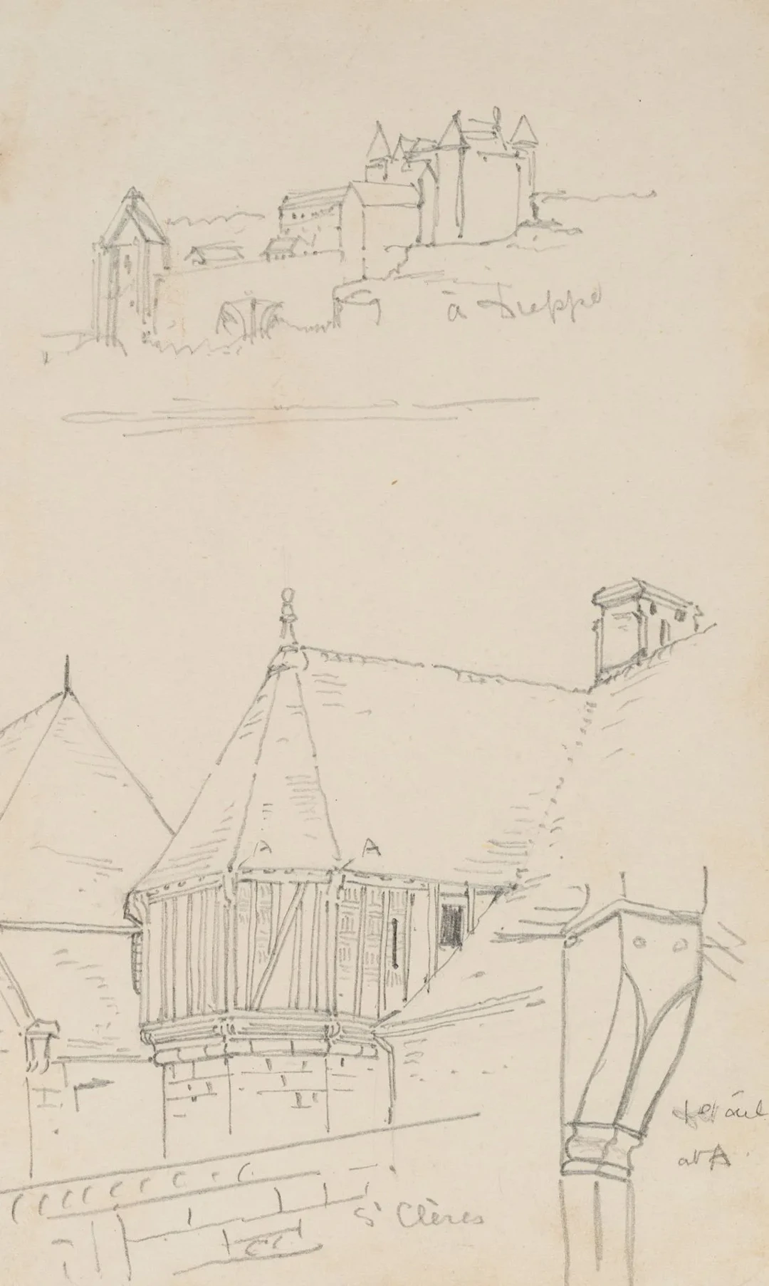 E. LEE (19th), Dieppe Castle and Clères, around 1860, Pencil E. C.