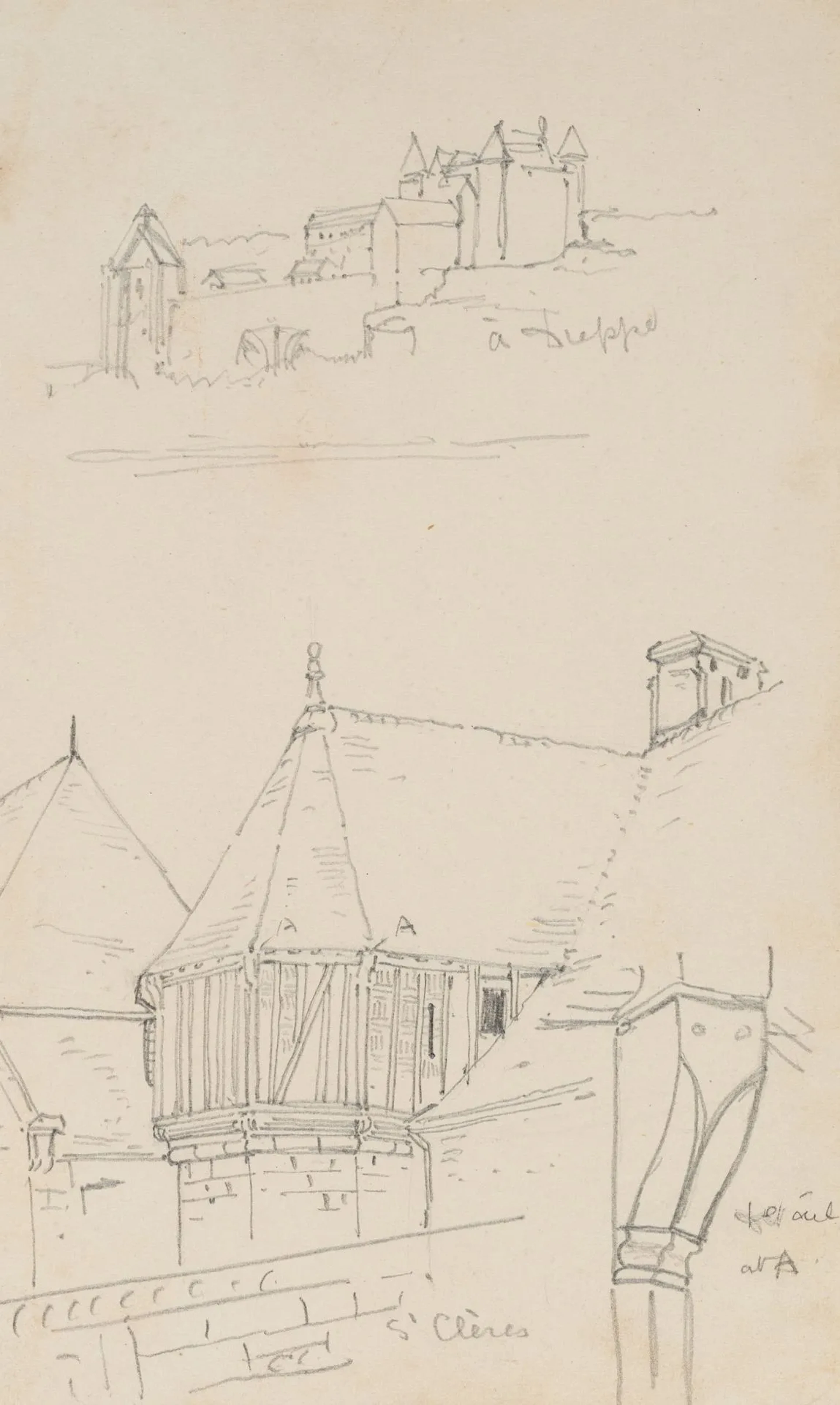 E. LEE (19th), Dieppe Castle and Clères, around 1860, Pencil E. C.