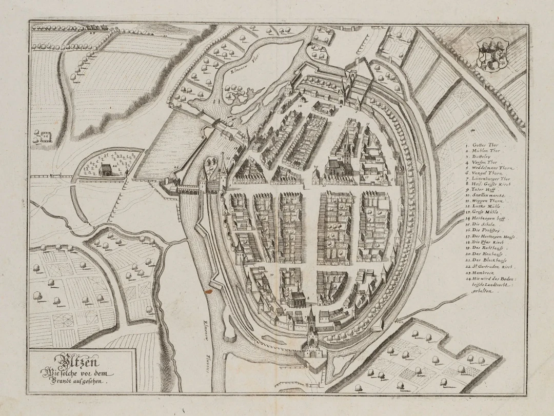 C. MERIAN (1627-1686), Historical map of Uelzen, around 1650, Watercolor
