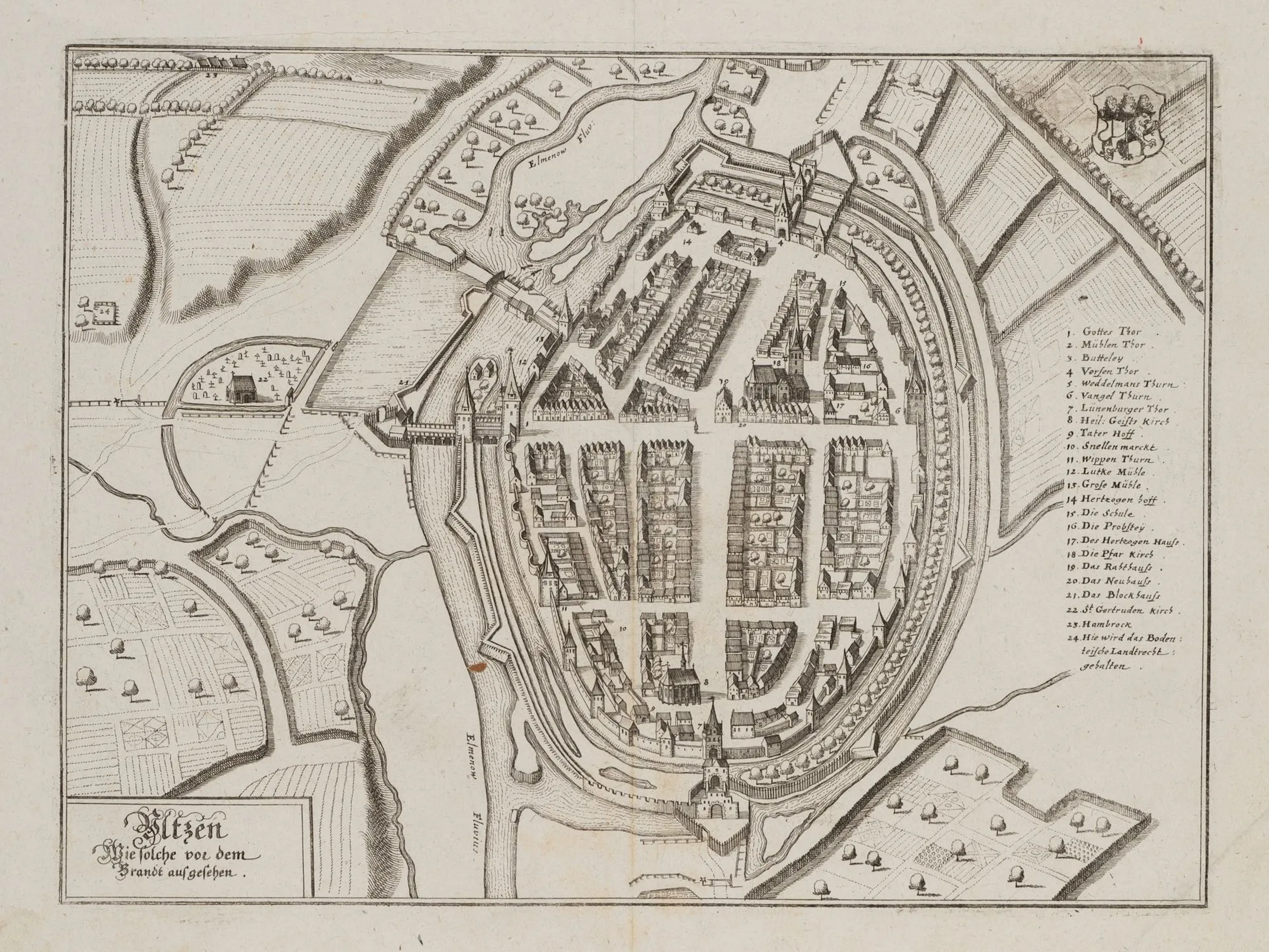 C. MERIAN (1627-1686), Historical map of Uelzen, around 1650, Watercolor