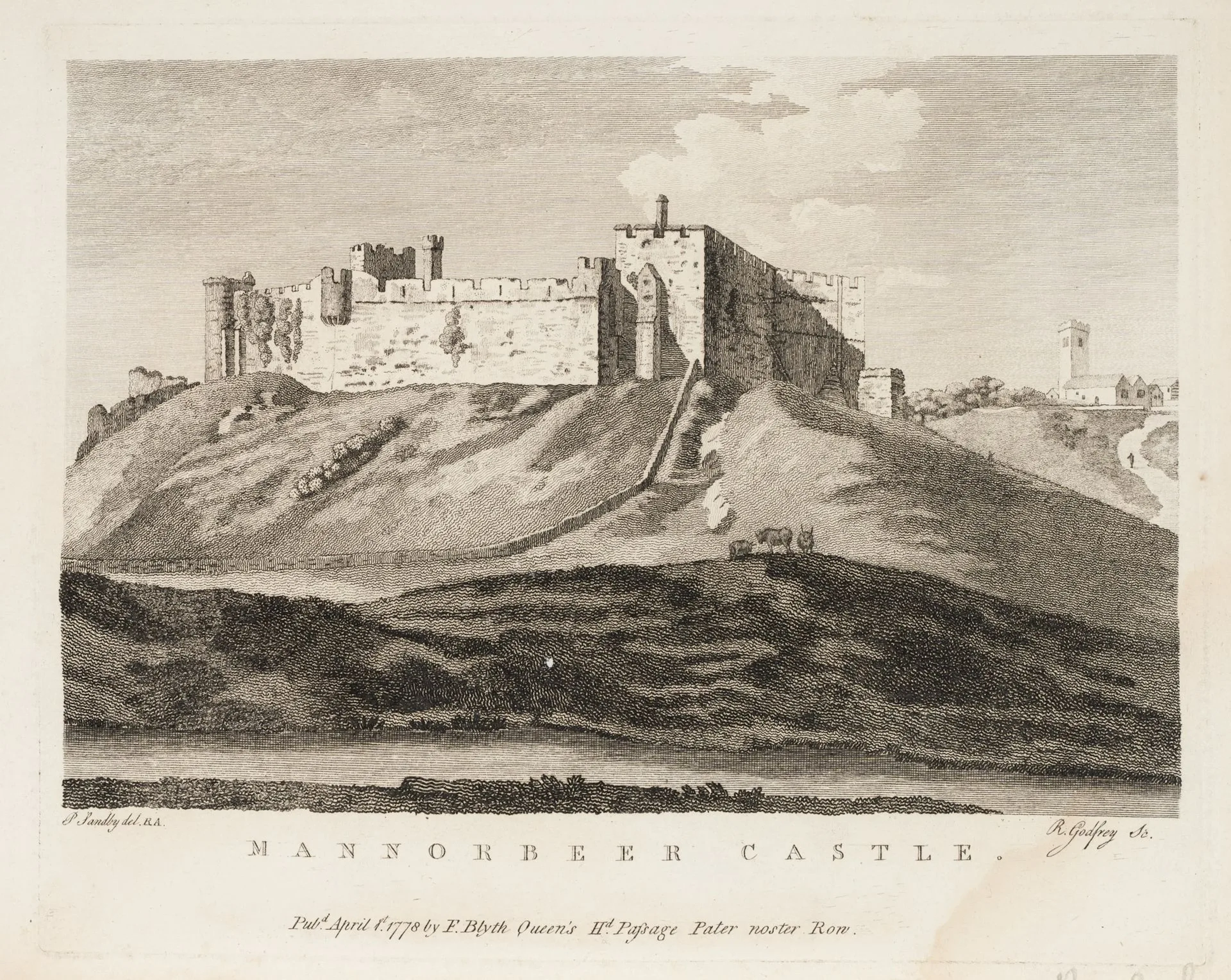 R. GODFREY (*1728) after SANDBY (*1725), Manorbier Castle on a hill