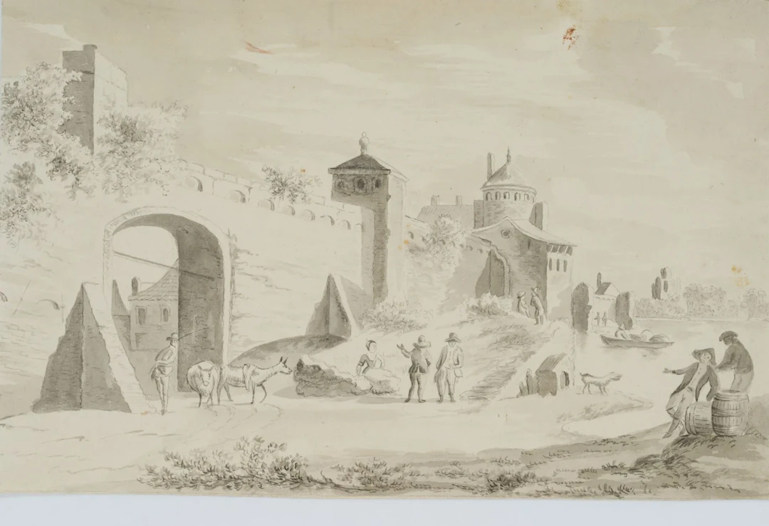 K. HOOG (19th), Outside the City Walls, 1843, Brush drawing Klaas