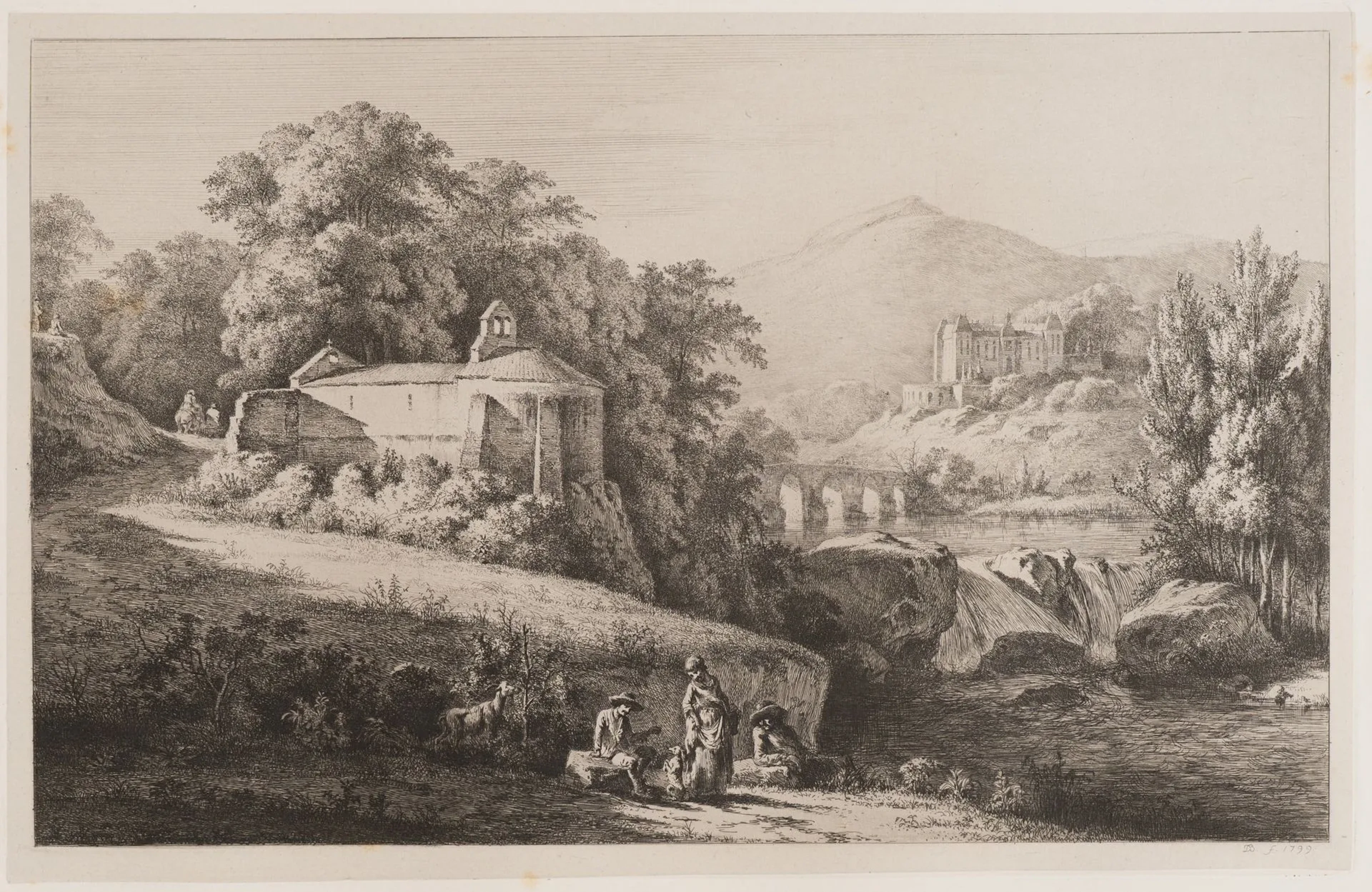 J. BOISSIEU (1736–1810), Abbey and Castle by a Waterfall on the River