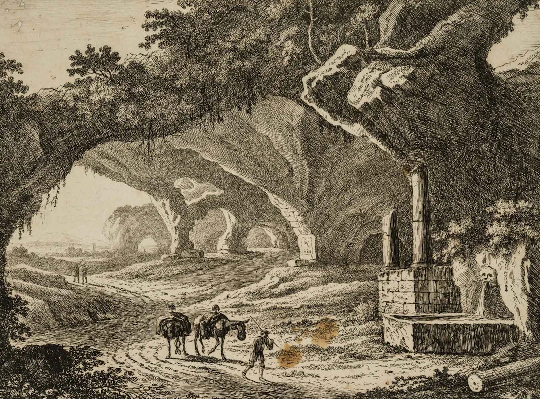 Unknown (19th), Landscape with ancient ruins, around 1800, Etching