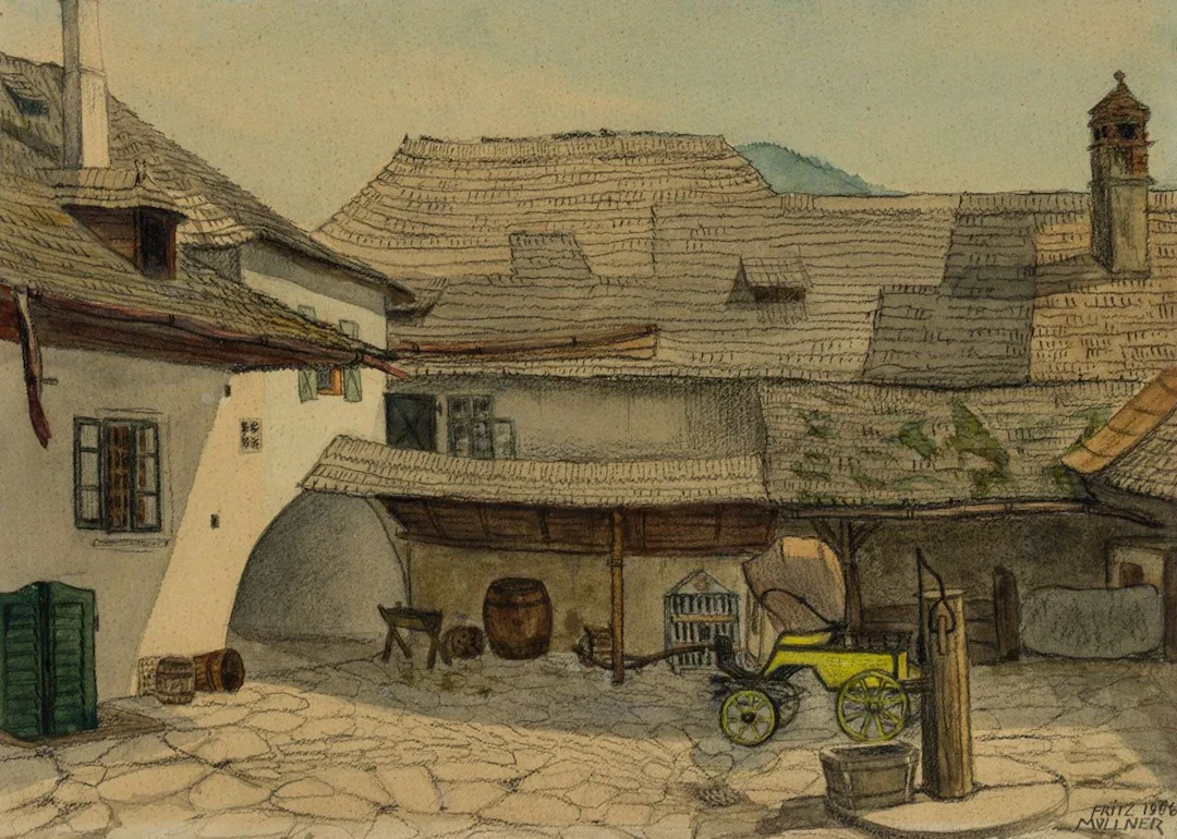 F. MÜLLNER (20th), Farm in Burgenland, 1906, Watercolor Fritz Müllner
