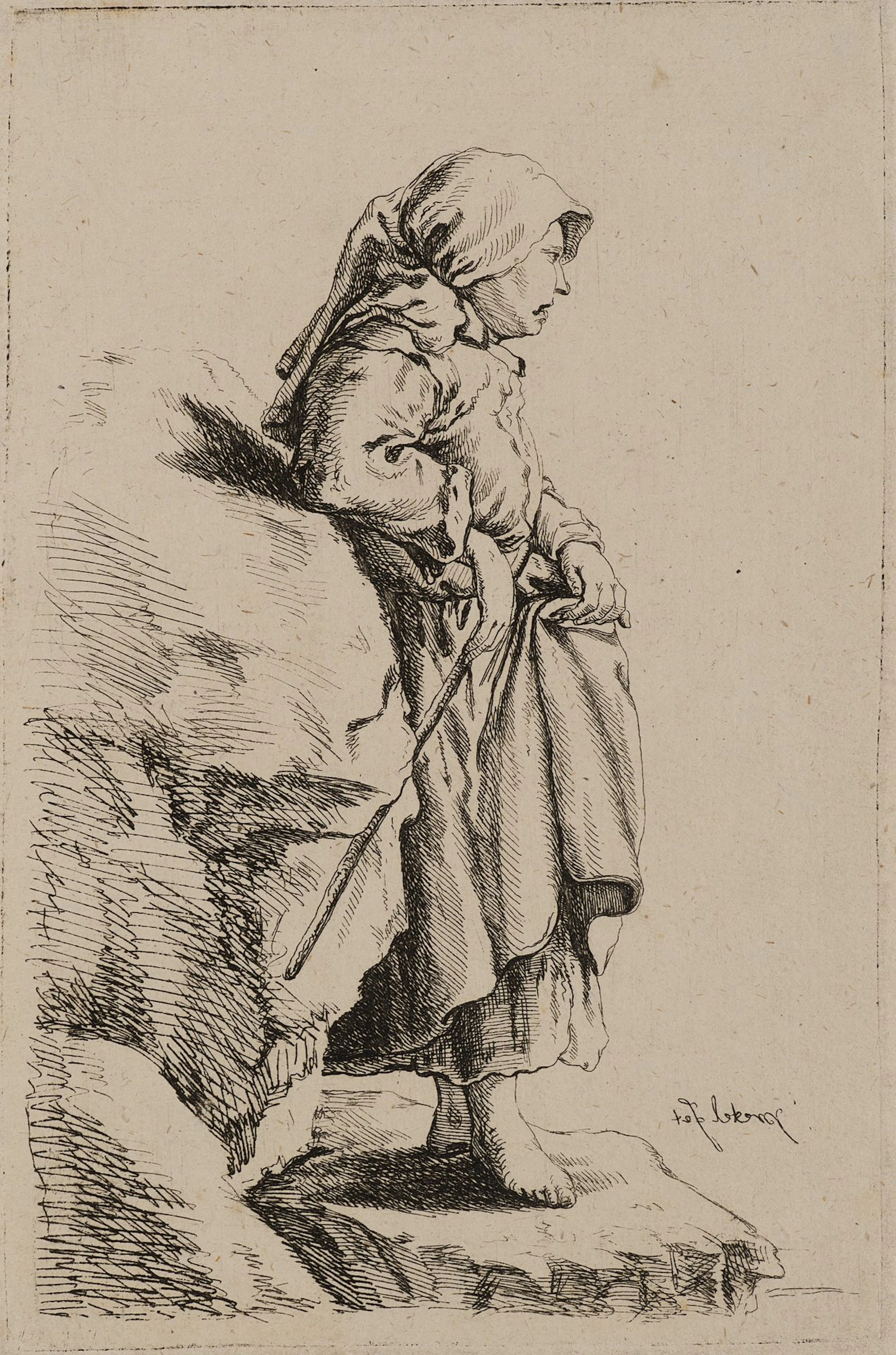 J. PRESTEL (1739–1808), Old Woman by the Rock, Etching Johann Gottlieb