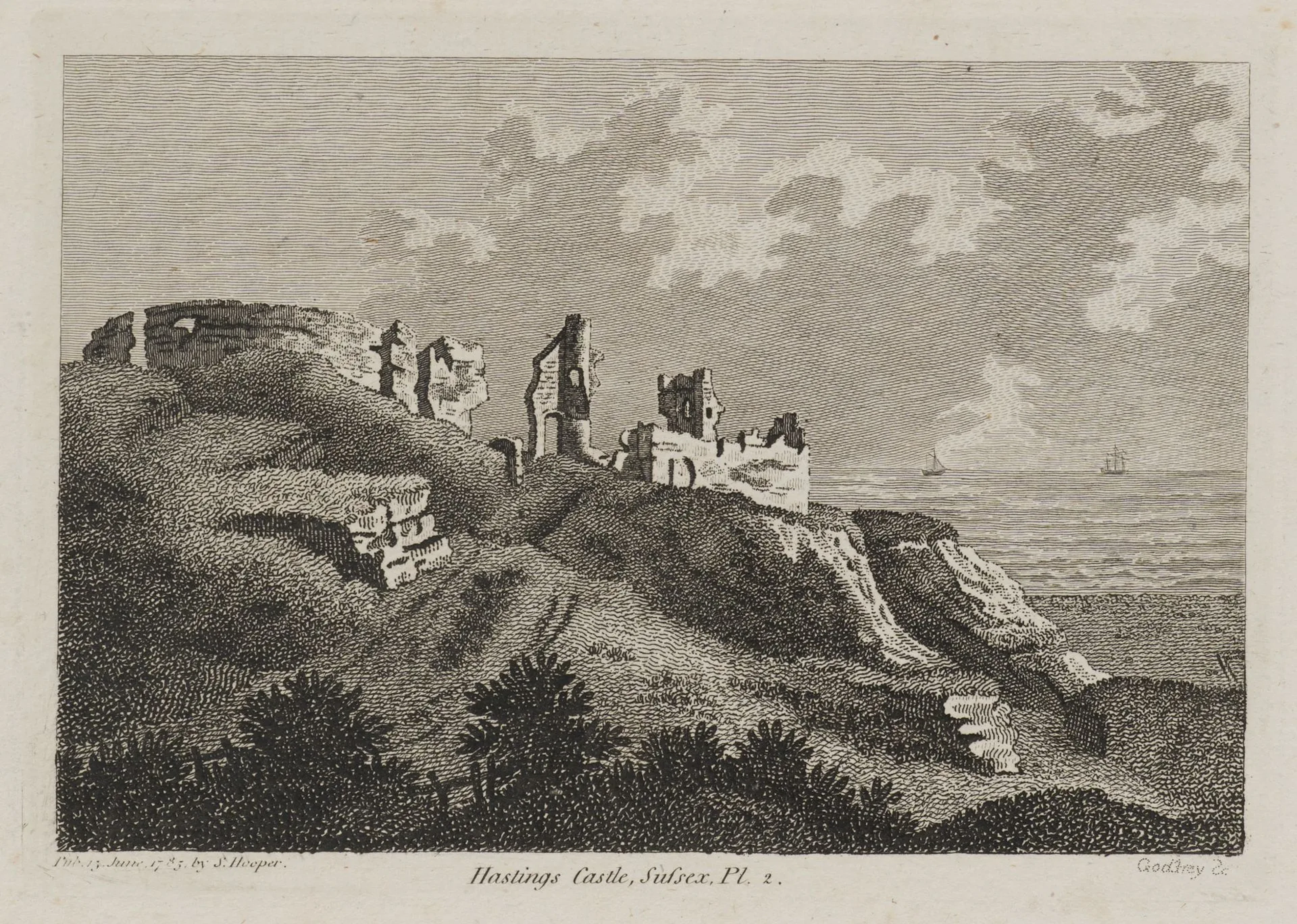 R. GODFREY (*1728), Hastings Castle, Sussex, 1783, Etching Richard