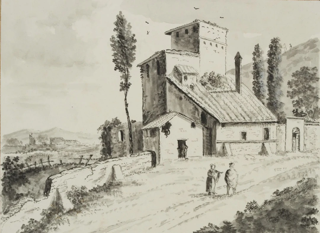 K. HOOG (19th), Landscape with an Old Farmhouse, 1822, Brush drawing