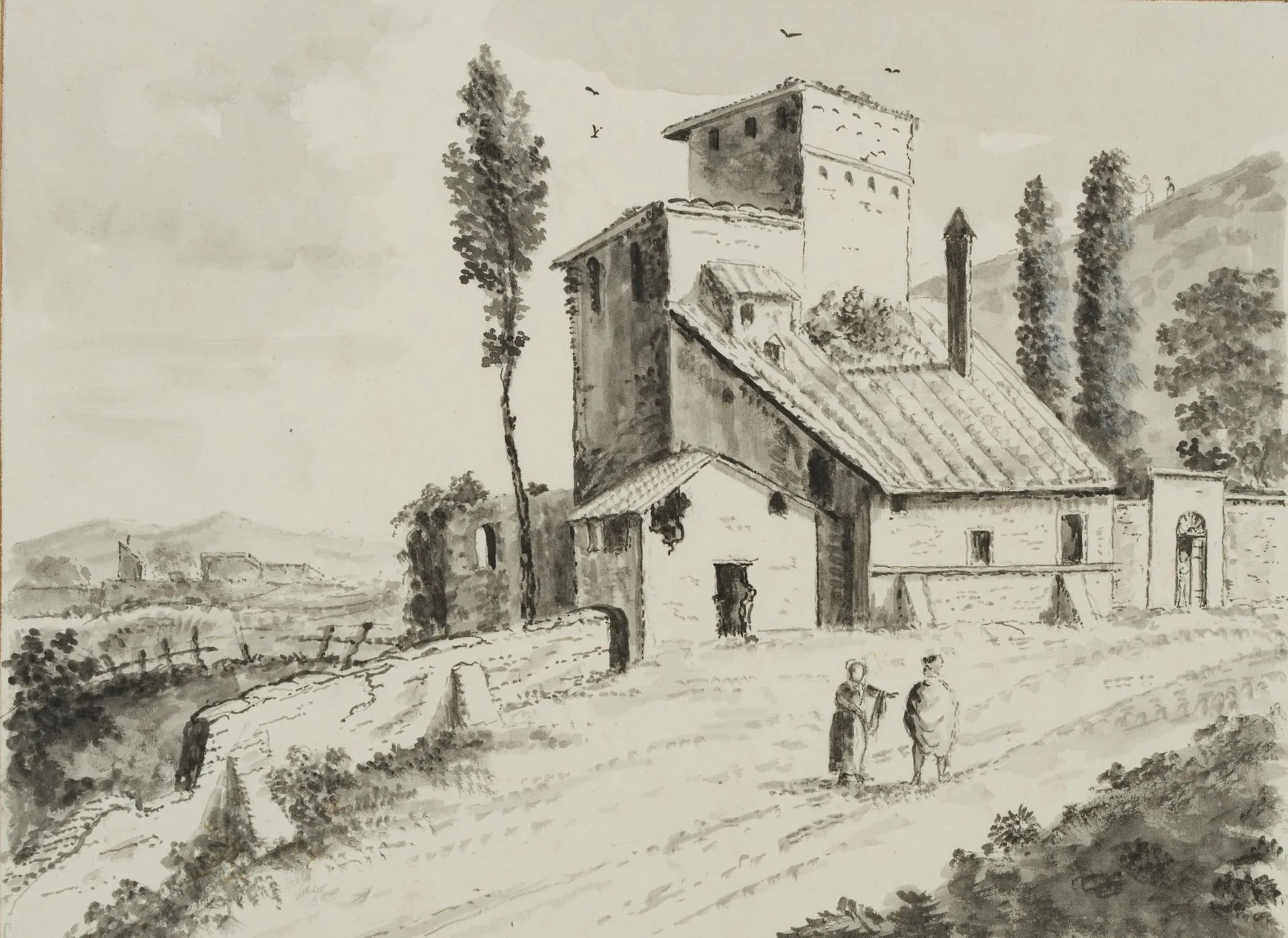 K. HOOG (19th), Landscape with an Old Farmhouse, 1822, Brush drawing