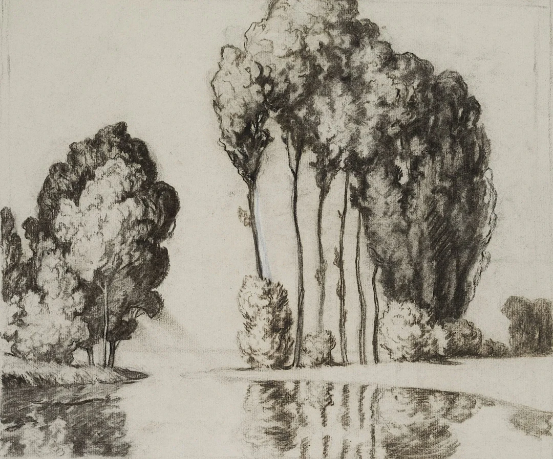 C. WALTHER (1880–1954), Lakeside Landscape with Poplars, Charcoal