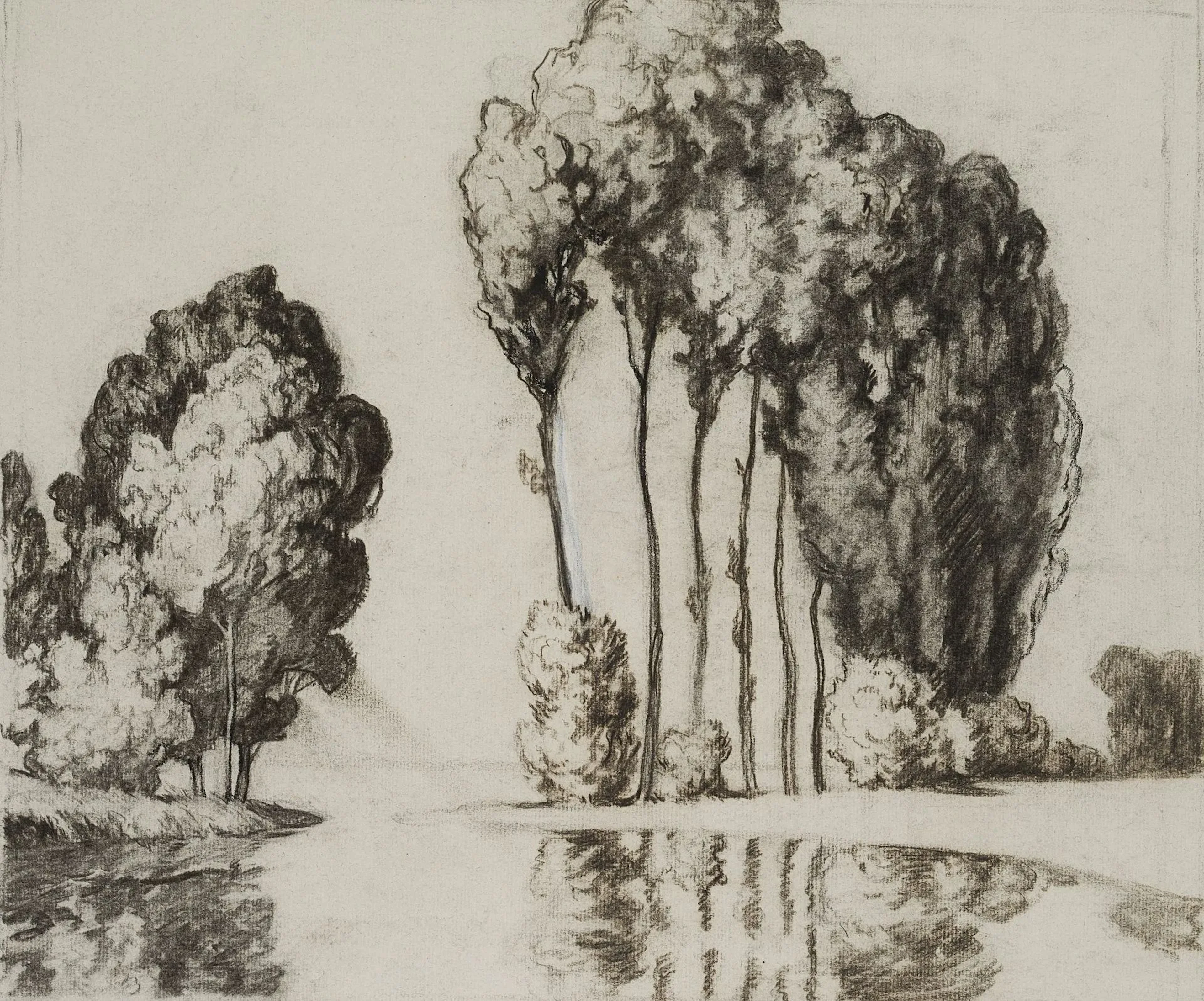 C. WALTHER (1880–1954), Lakeside Landscape with Poplars, Charcoal