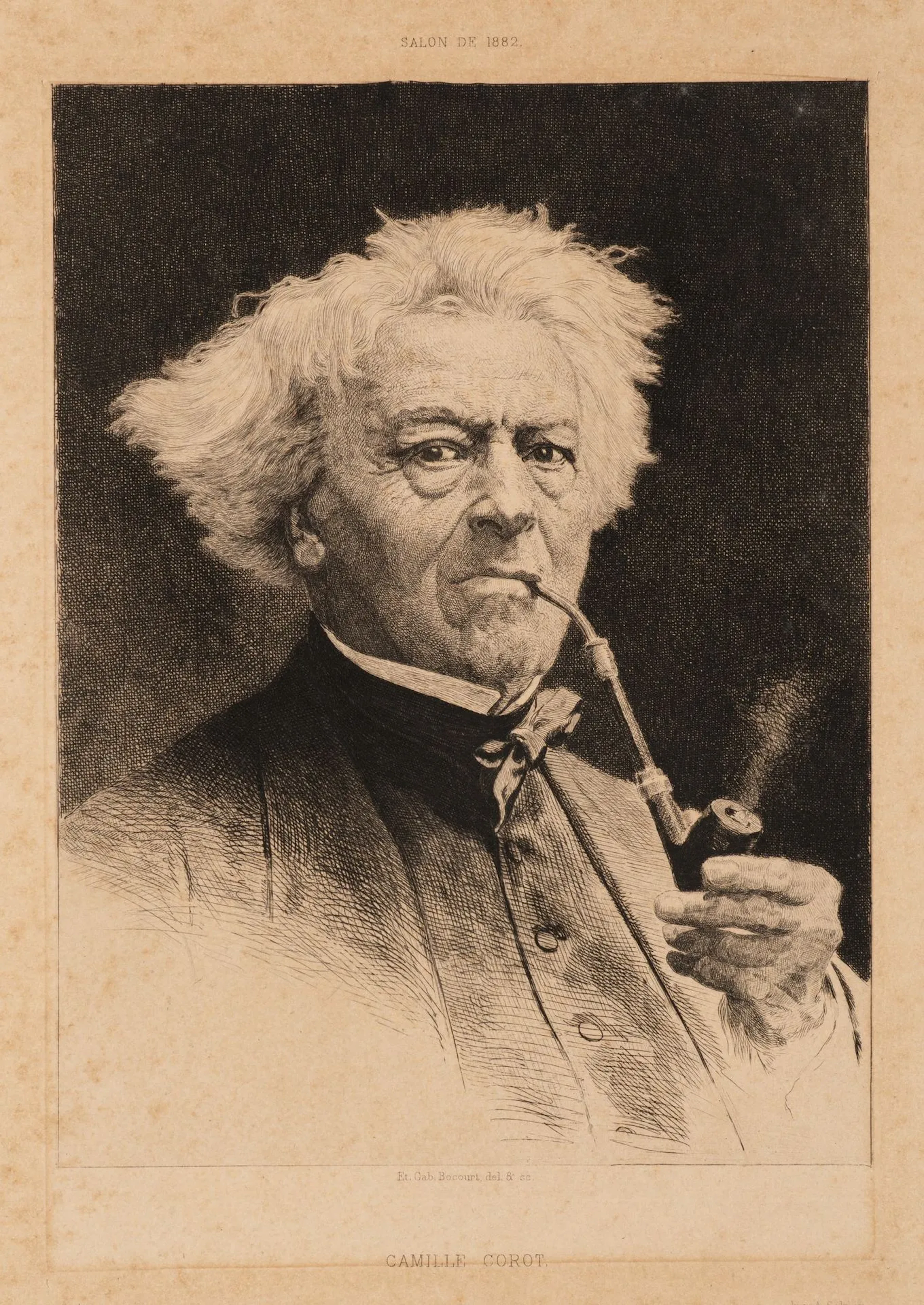 E. BOCOURT (1821-1905), Portrait of Camille Corot, 1882, Etching Etienne-Gabriel