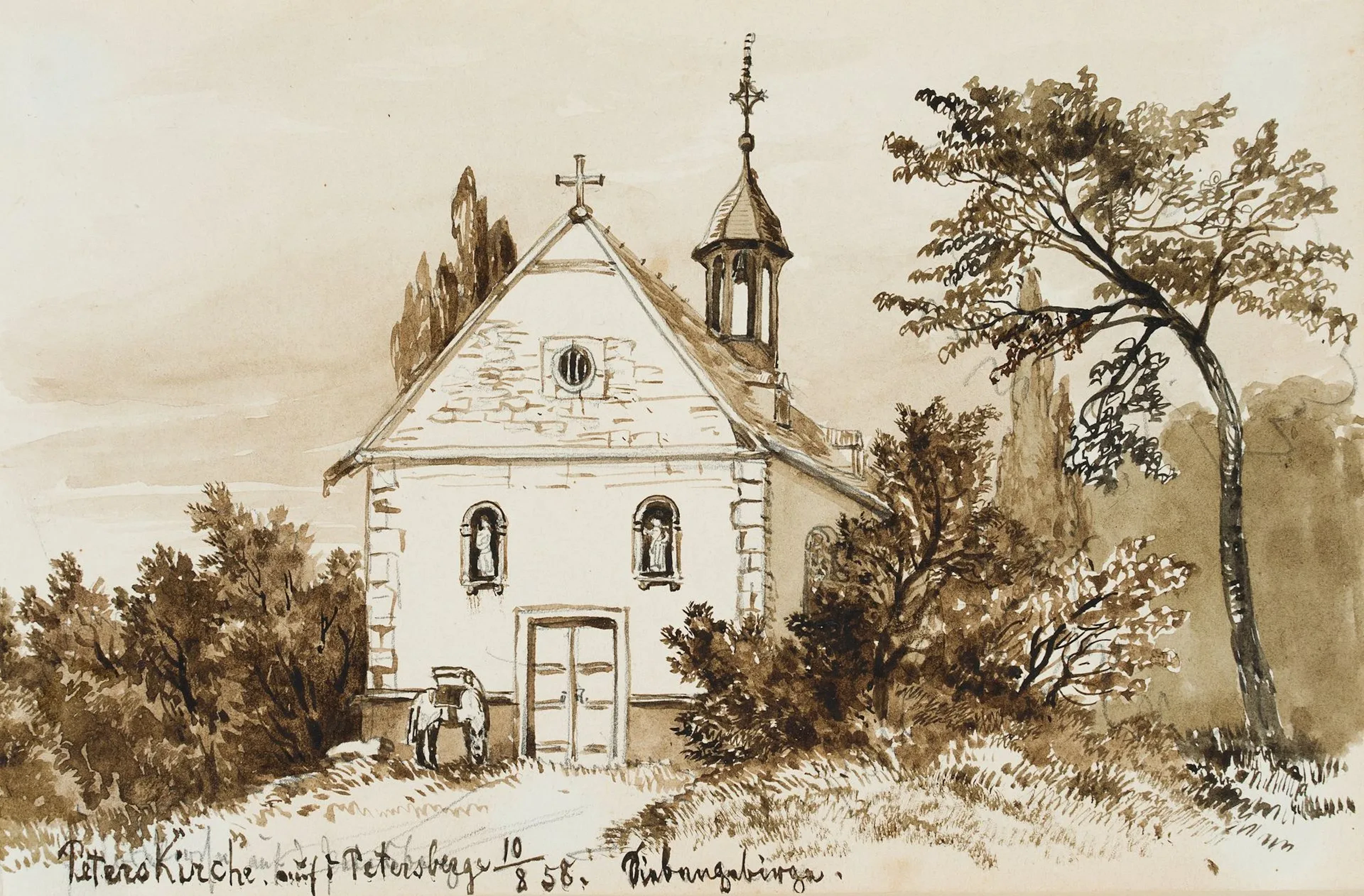 M. SAVIGNY (1831–1905), St. Peter’s Church on Petersberg, 1858, Watercolor