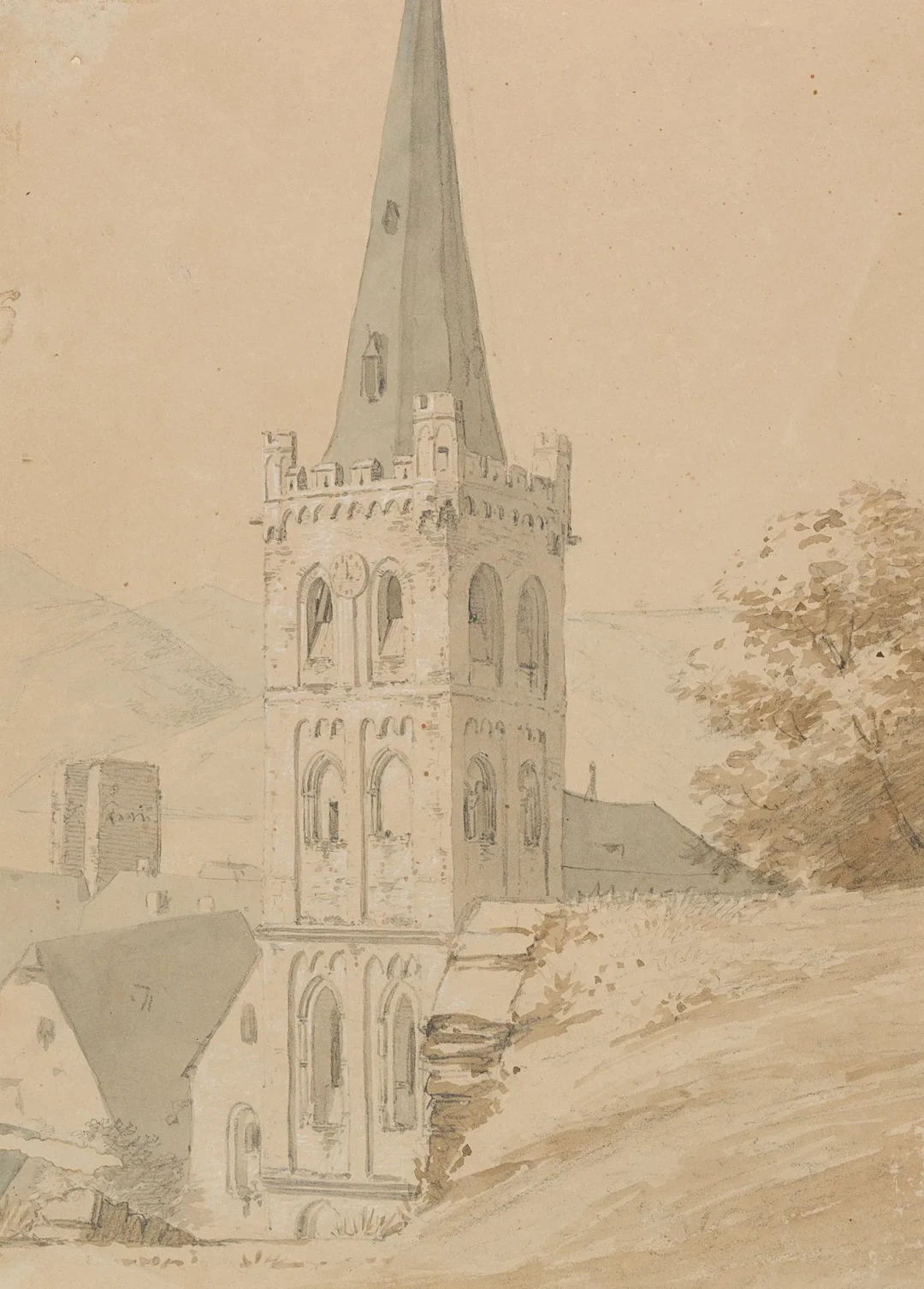 O. WAGNER (1803-1861), Church tower in Bacharach, Brush drawing Otto