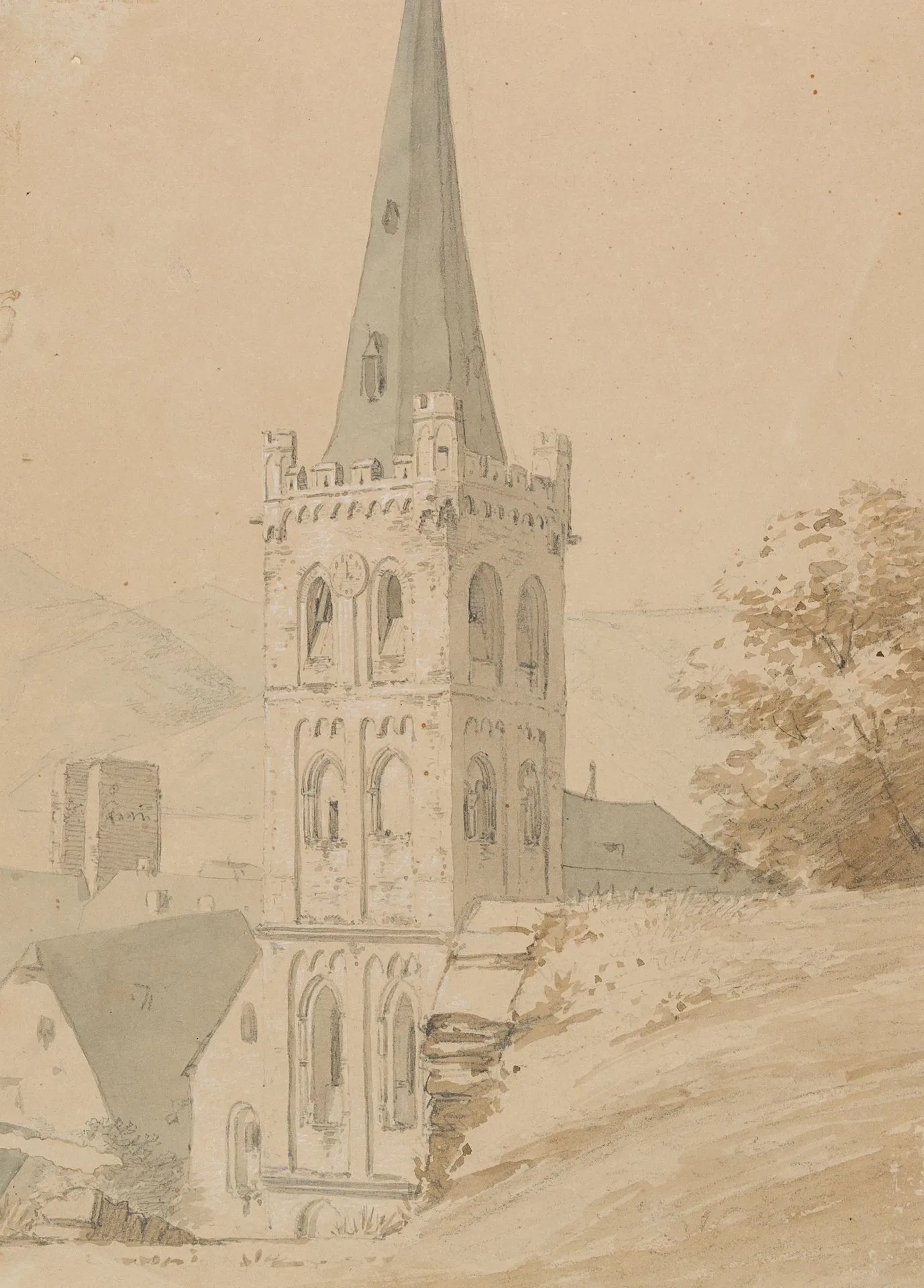 O. WAGNER (1803-1861), Church tower in Bacharach, Brush drawing Otto