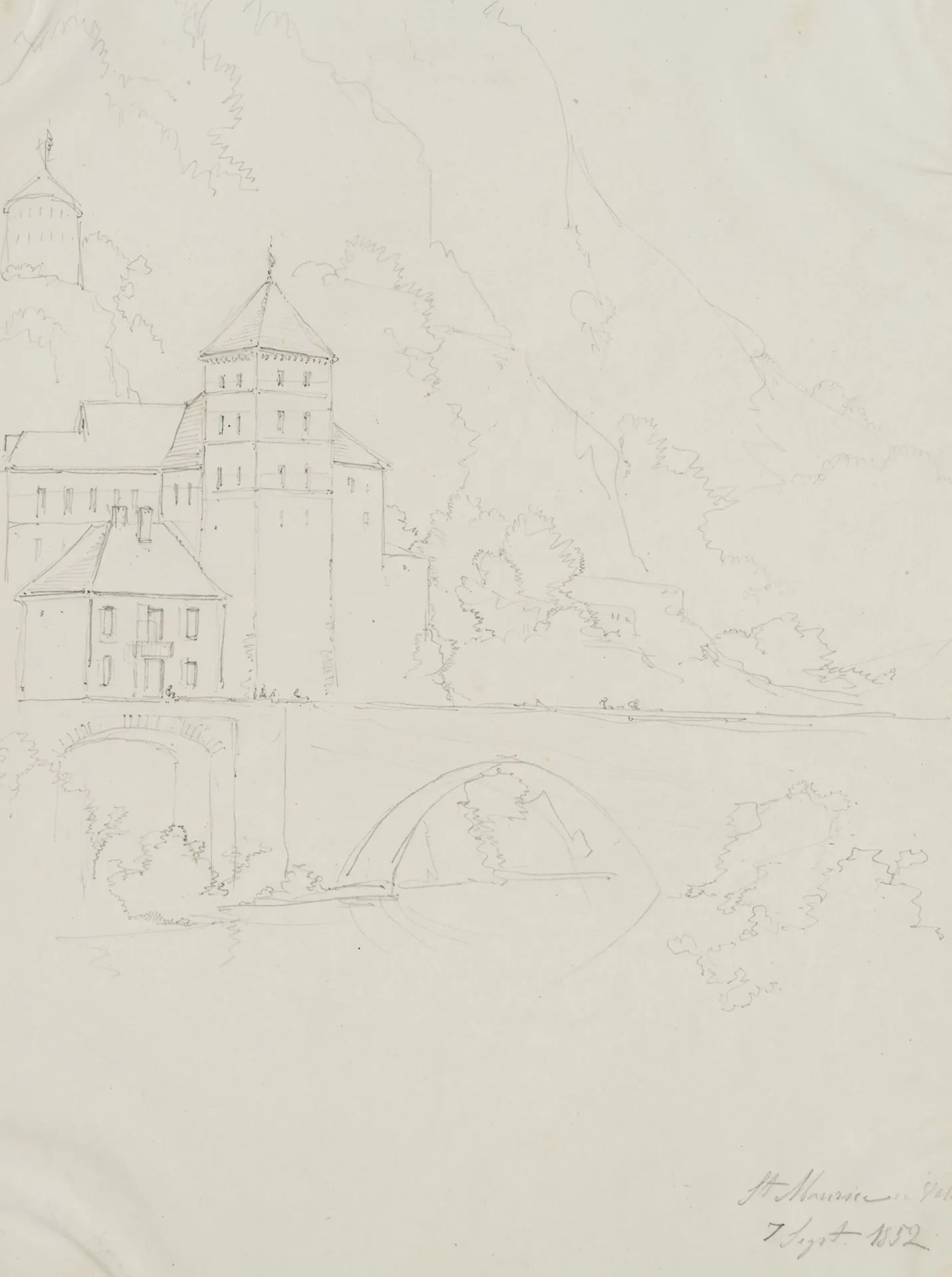 E. BRETENIÈRES (*1804), Castle in Saint-Maurice, Switzerland, 1852