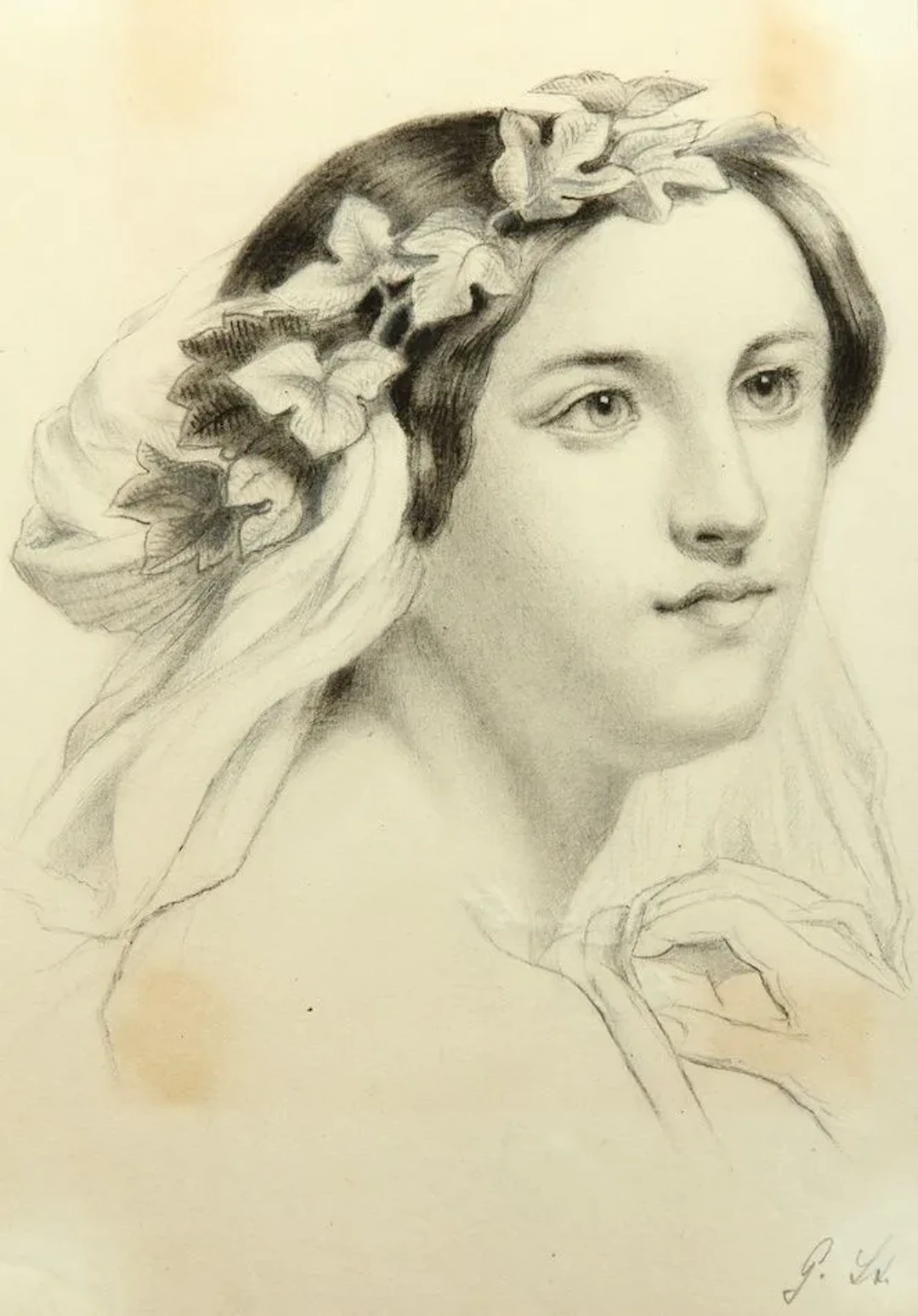 G. STEIN (19th), Young Beauty with an Ivy Wreath, Charcoal G. Stein