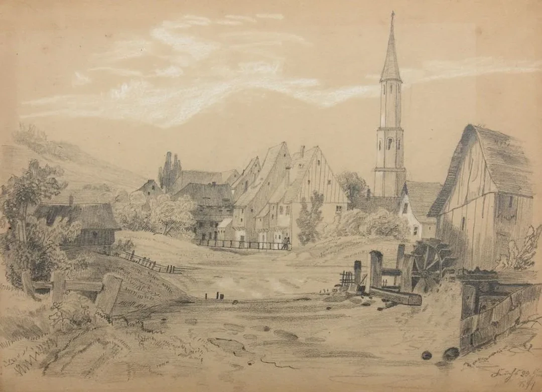 A. FUCHS (19th), Village with a Watermill, 1877, Pencil A. Fuchs (19th